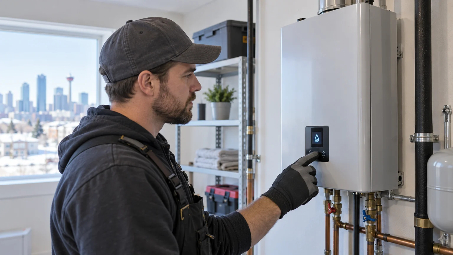 Plumber studies a tankless water heater warning display