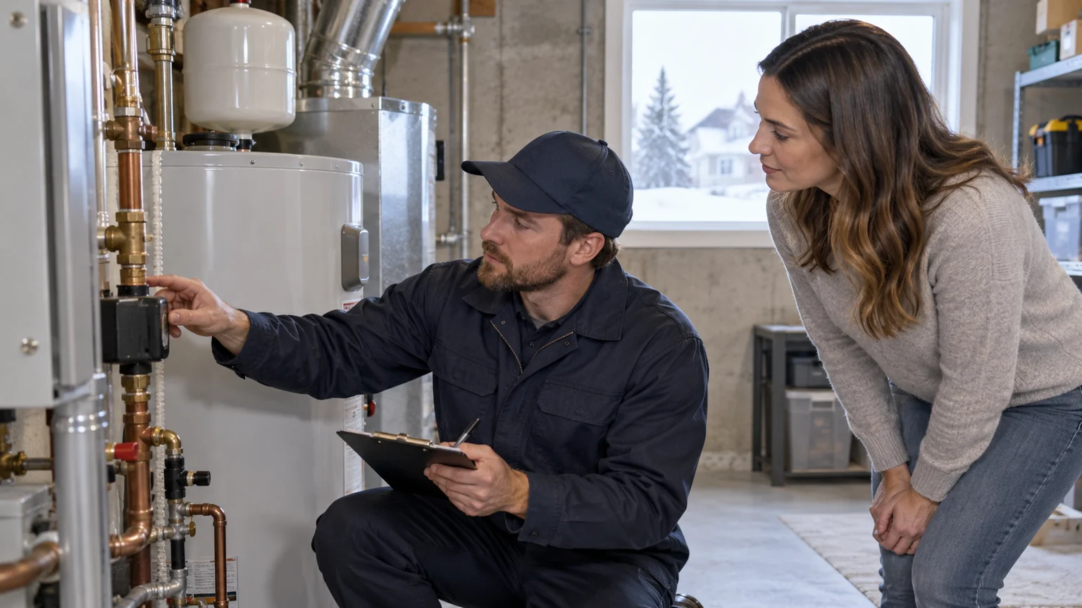 Plumber evaluates water heater components with homeowner