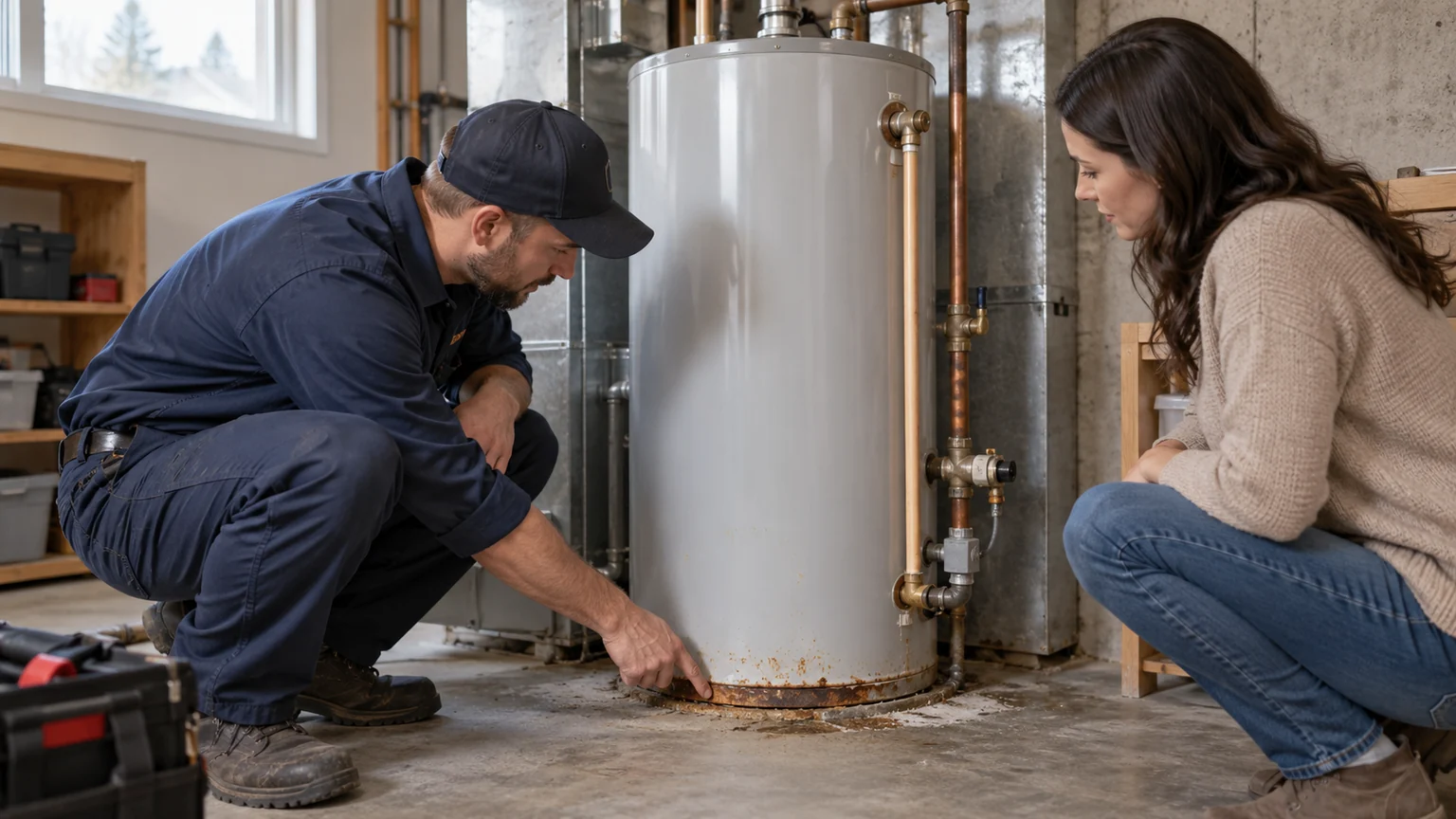 Plumber assesses rust at the base of an older hot water tank
