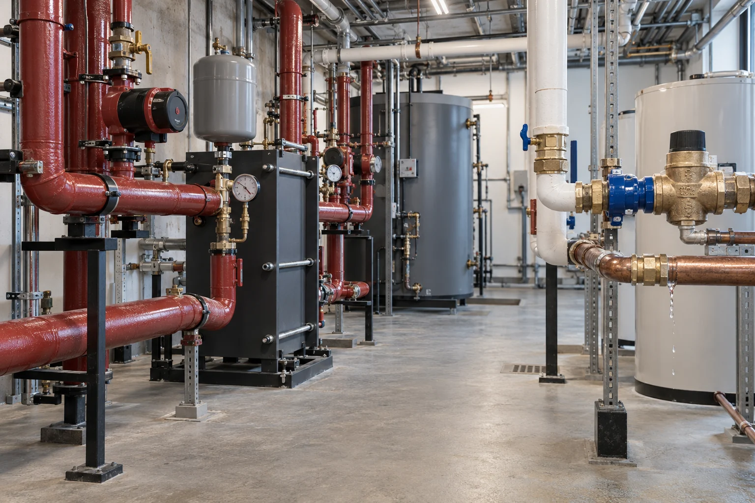 Illustrative Calgary commercial mechanical room with hydronic closed-loop piping and a separate domestic water line visibly distinct by equipment context