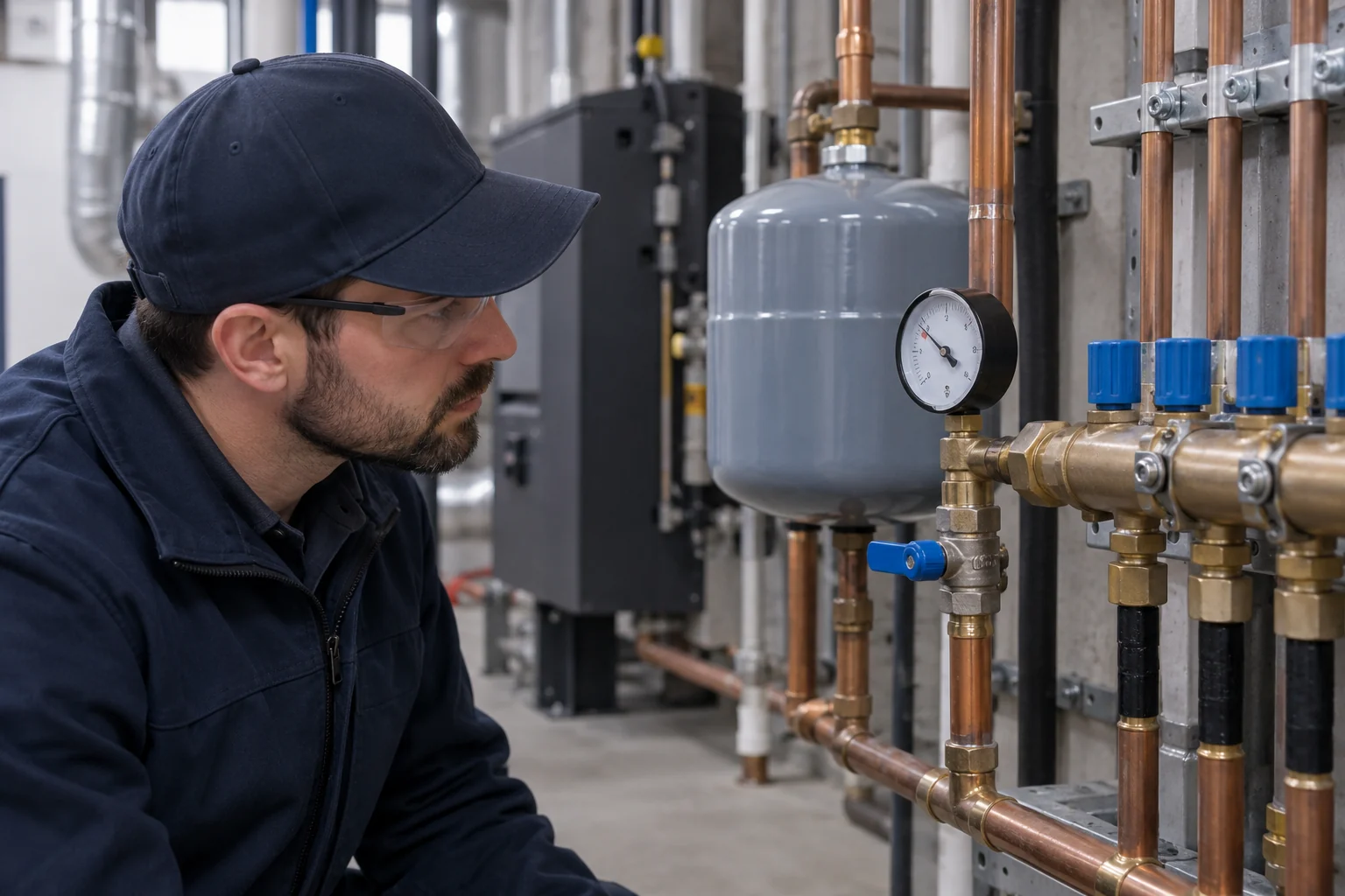 Technician inspecting a hydronic heating pressure gauge in a Calgary mechanical room