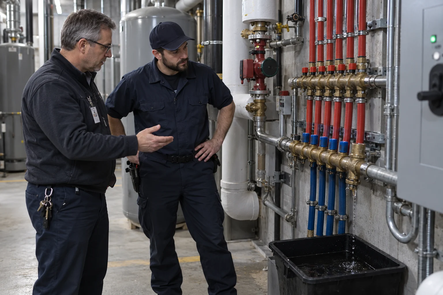 Building staff and technician observing a hydronic manifold leak in a Calgary mechanical room
