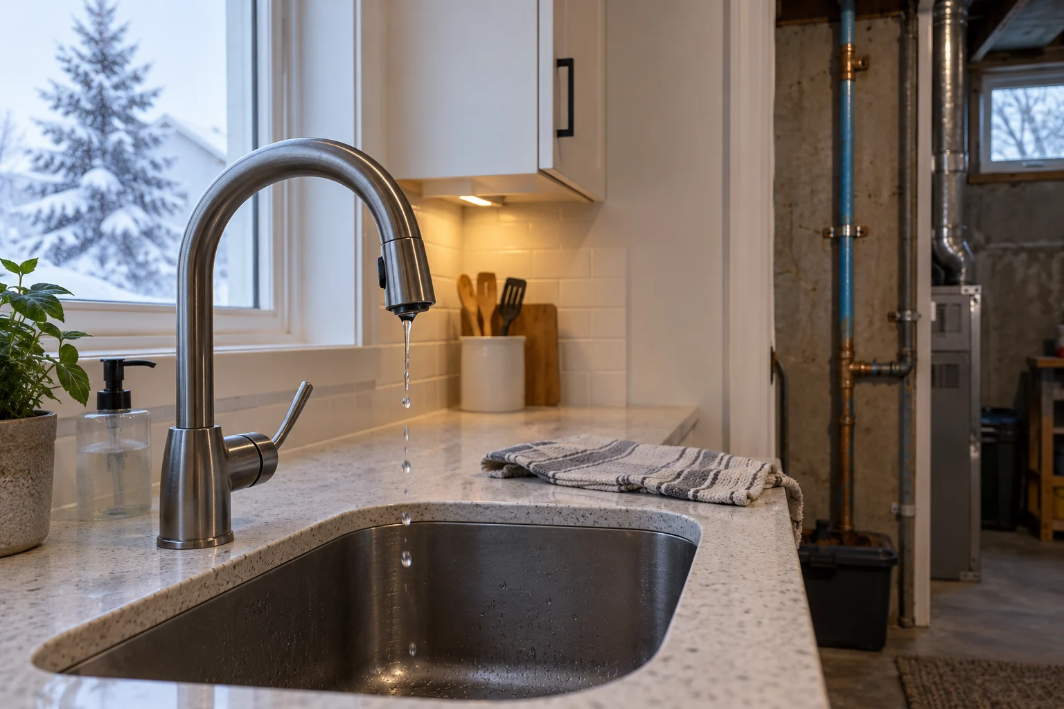 Slowly dripping kitchen tap with a supply pipe visible in adjacent utility area