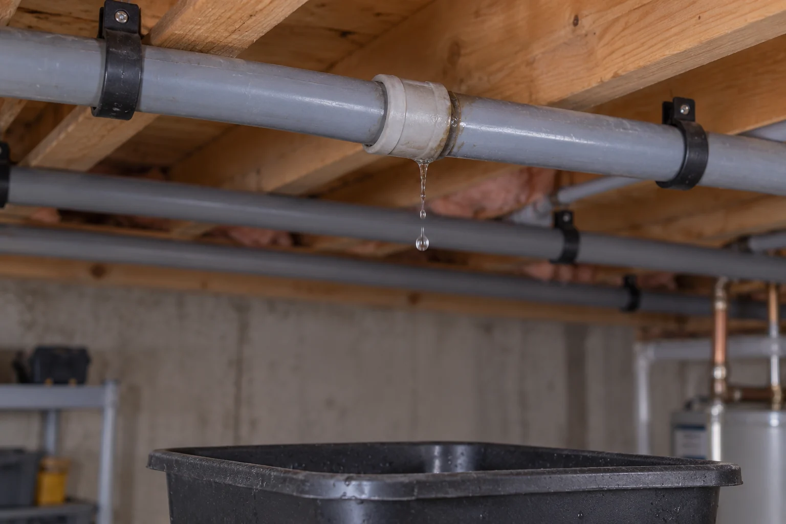 Close view of one leaking Poly B joint with adjacent dry pipe runs