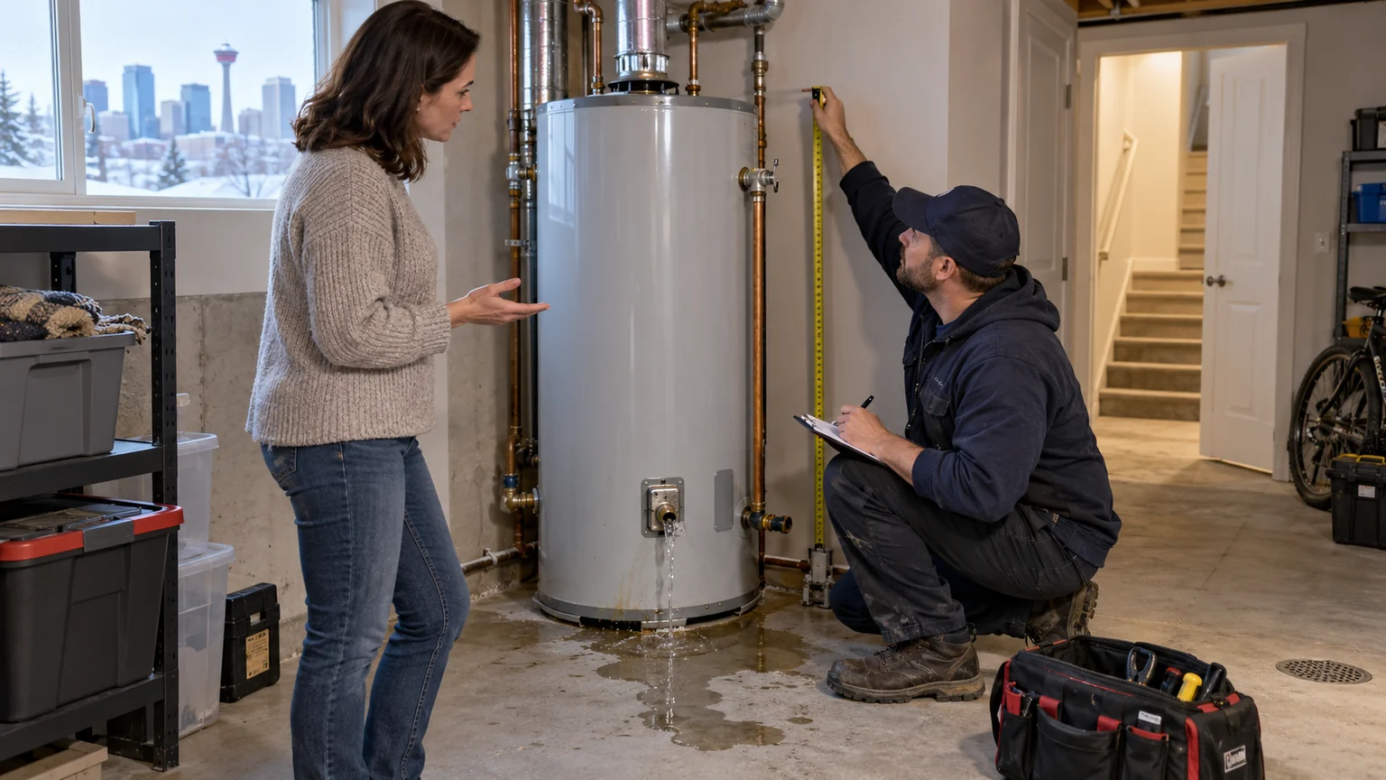 Plumber measures a leaking tank for emergency replacement