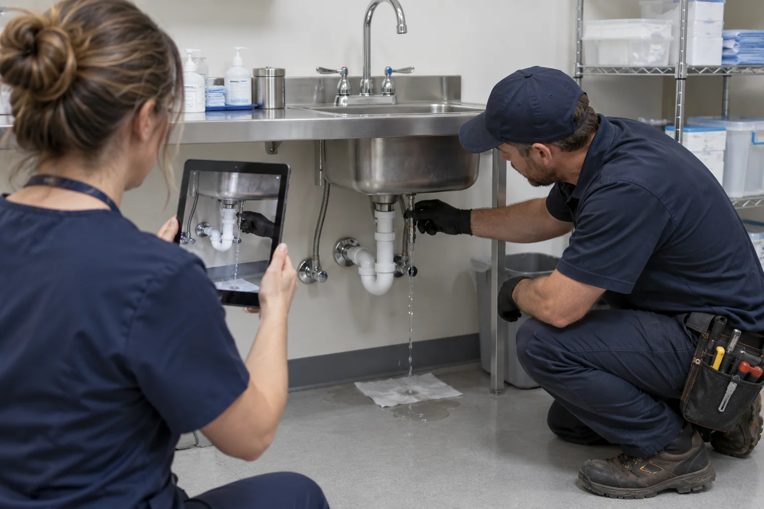 Clinic staff documenting a small fixture connection leak while a plumber inspects it