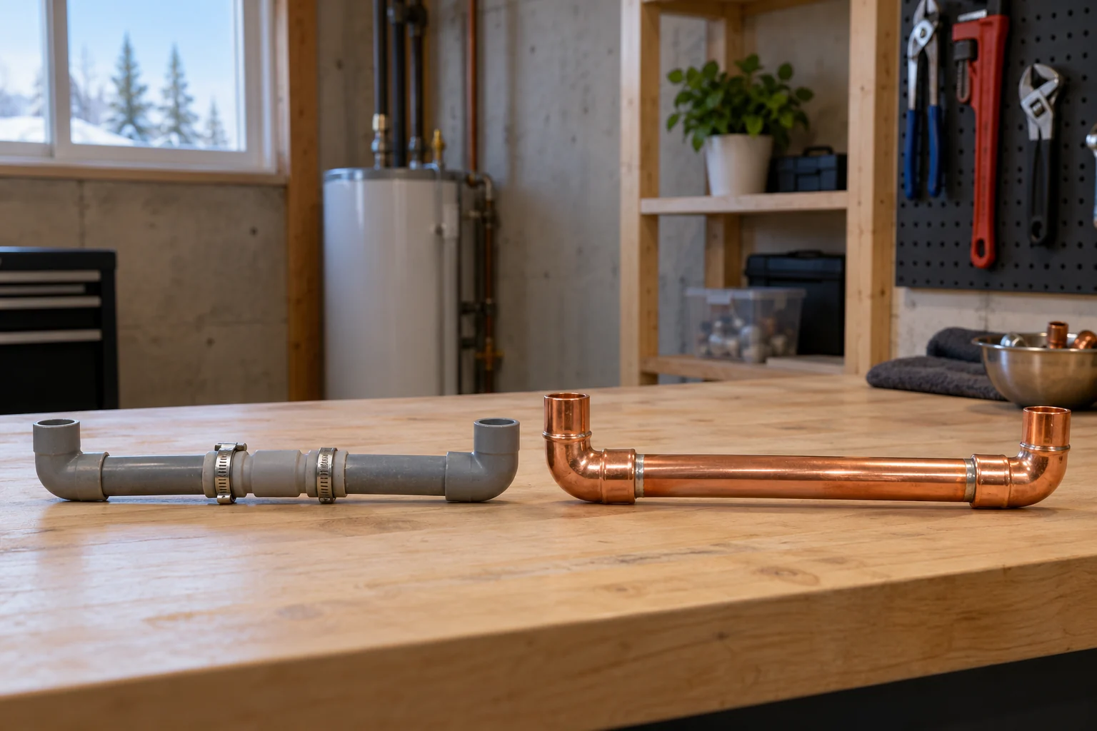 Short grey pipe repair beside copper components on a clean workbench