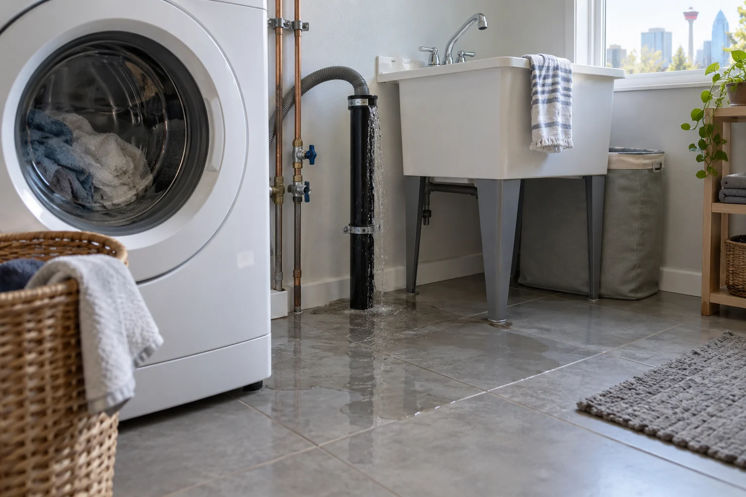 Illustrative Calgary an ordinary laundry room where the washing-machine drain hose enters a standpipe and a modest amount of water has overflowed onto tile during discharge; no electrical contact.