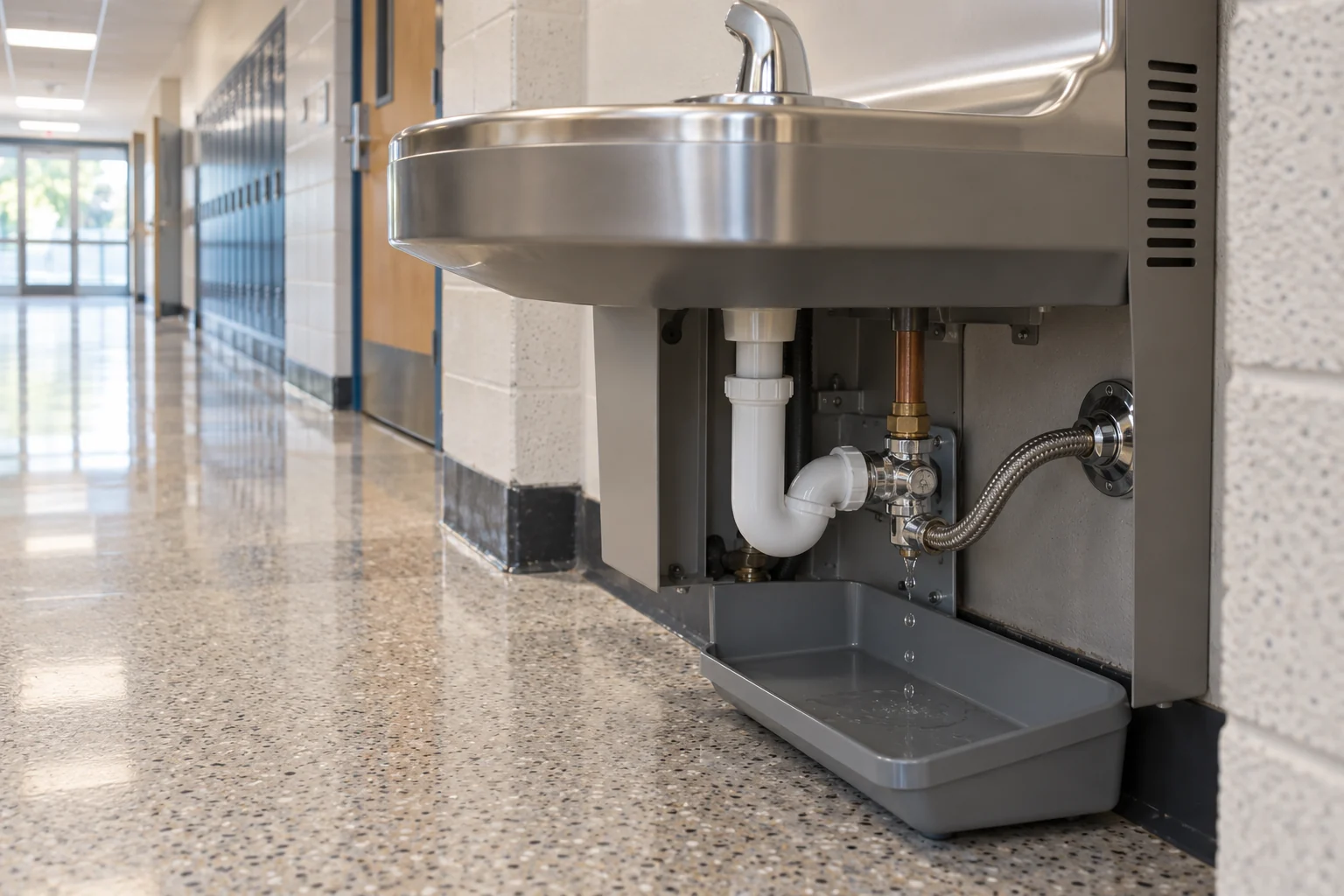 Close view of a school drinking fountain supply fitting dripping into a tray