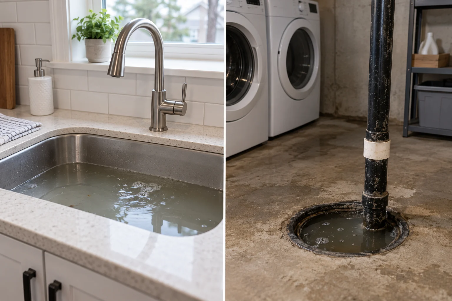 Standing water in a kitchen sink and basement floor drain with appliances idle