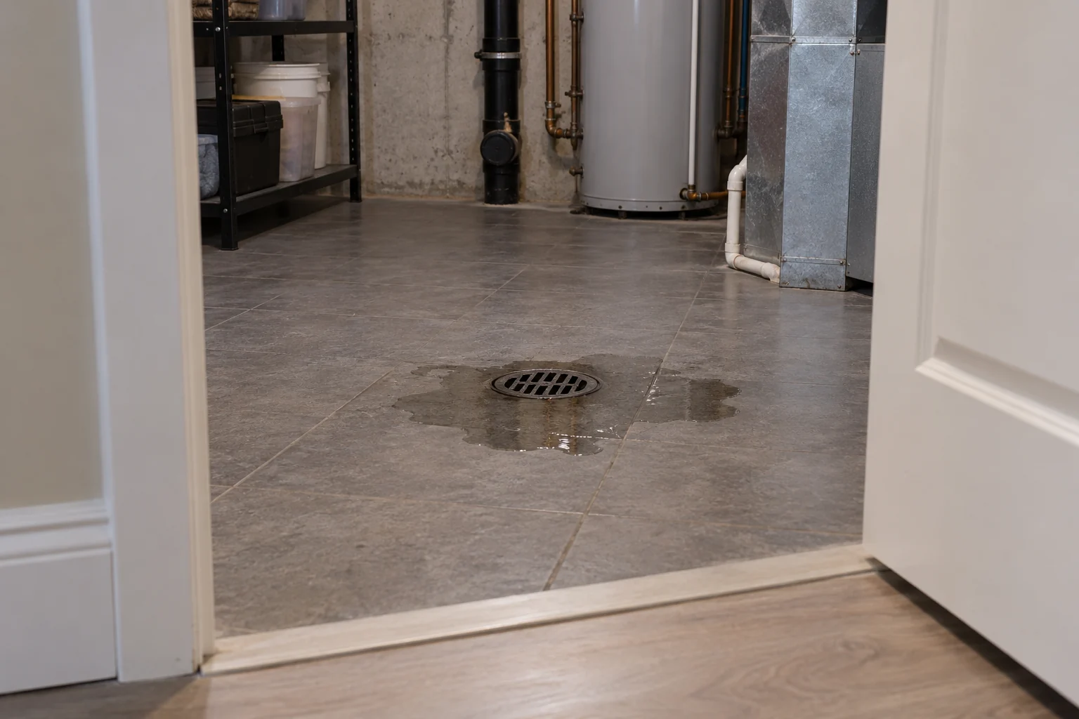 Small contained basement floor drain backup viewed from a dry doorway