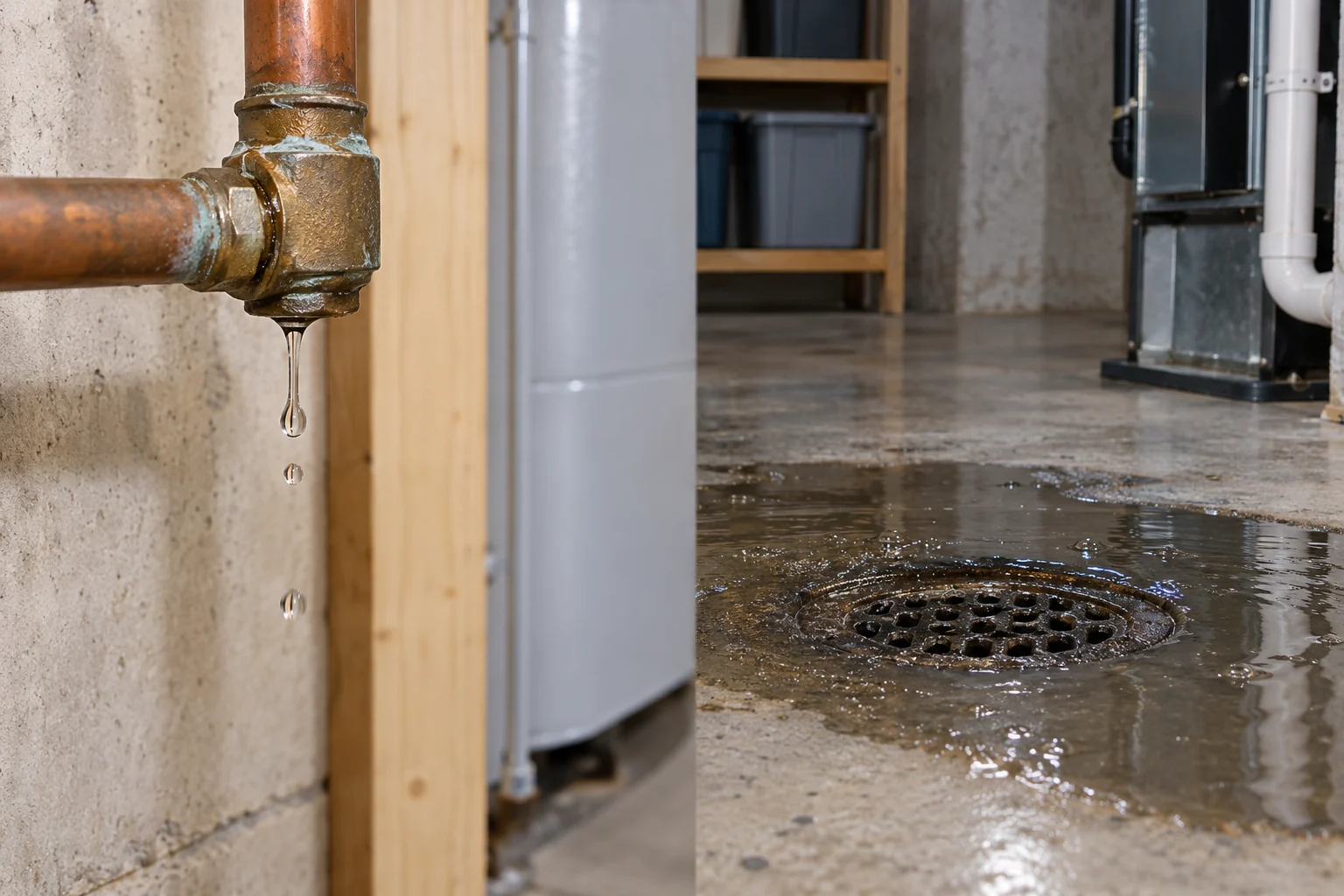 Clean water drip at copper supply fitting and separate wastewater backup at floor drain