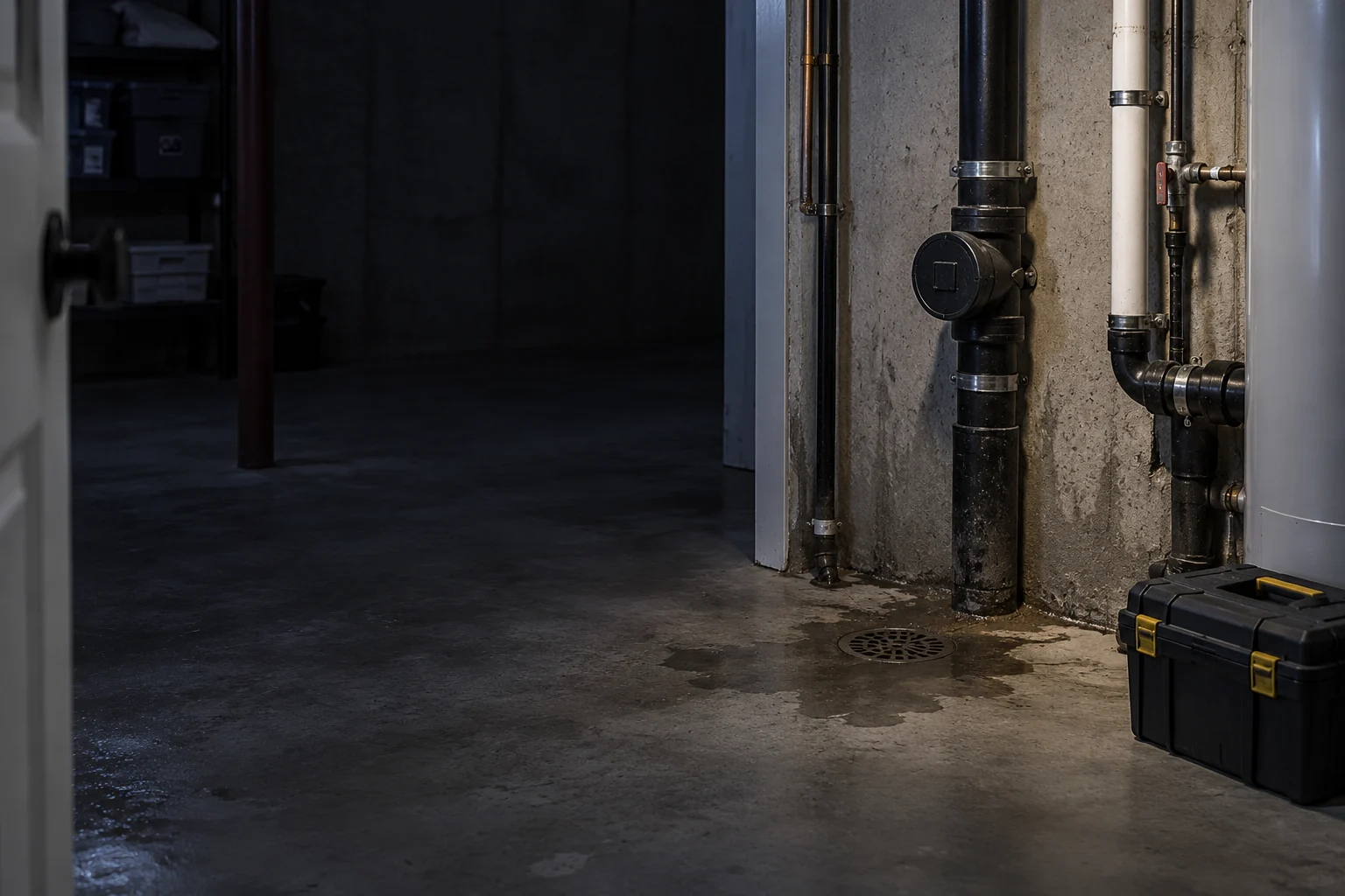 Damp floor around a basement drain and wall cleanout with a closed tool case nearby