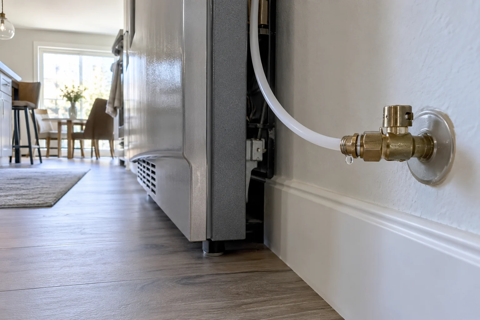 Illustrative Calgary a refrigerator ice-maker water supply tube and brass shutoff connection near the wall