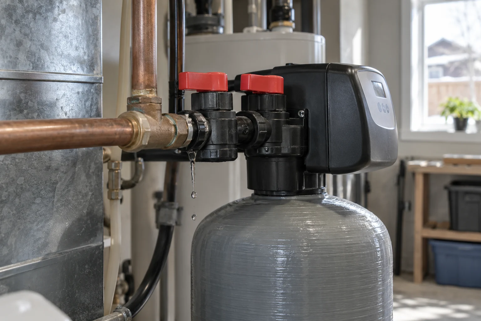 Illustrative Calgary close-up of a water-softener bypass valve and attached plumbing in a calgary utility room