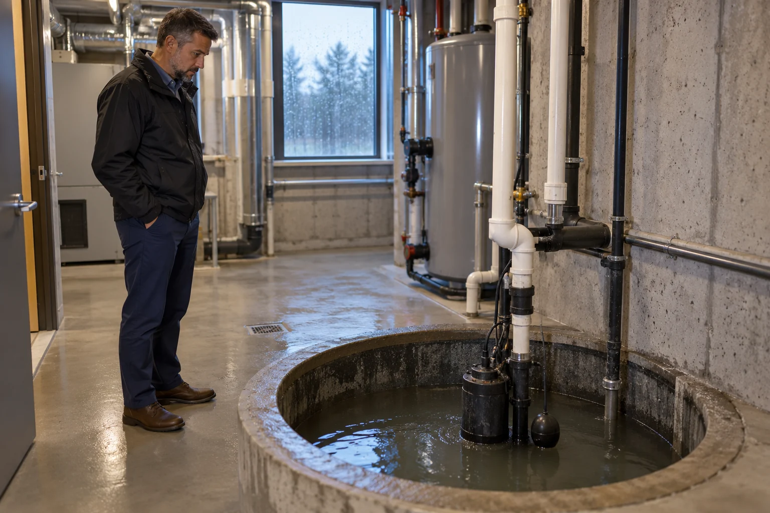 High sump pit water level in a commercial mechanical room during rain