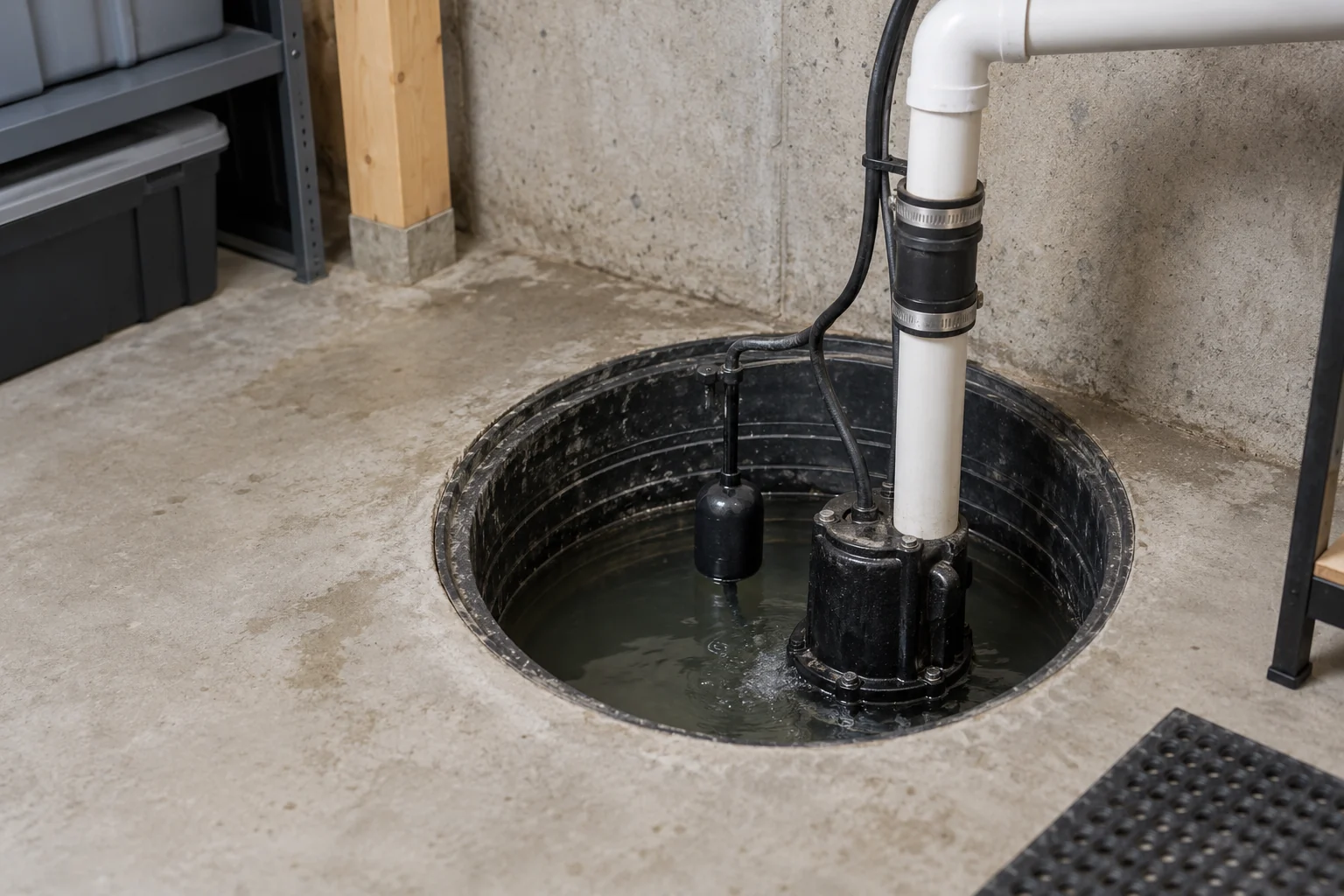 Close view of sump pump in pit where water level remains high