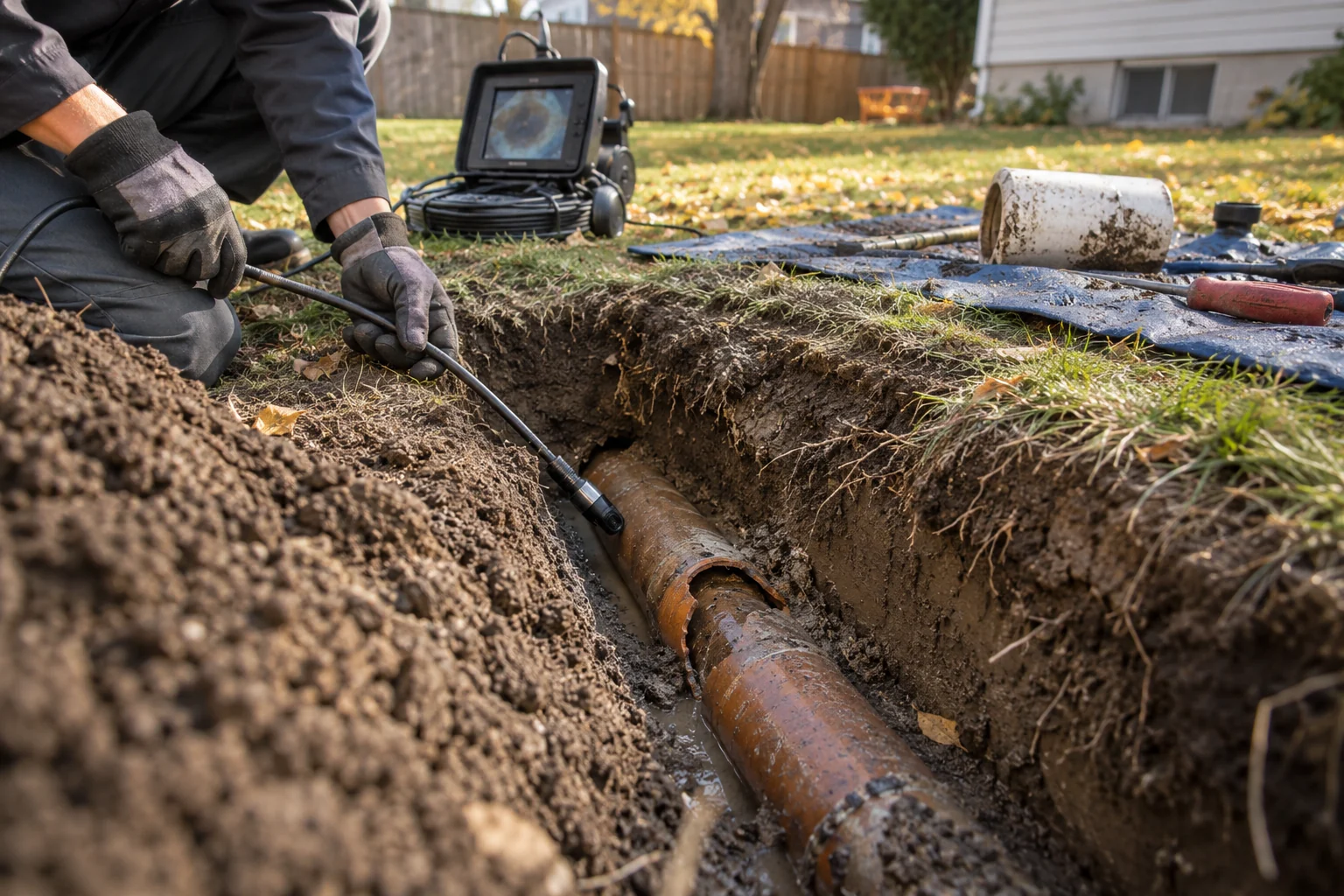 Small targeted backyard excavation exposing a damaged residential sewer line