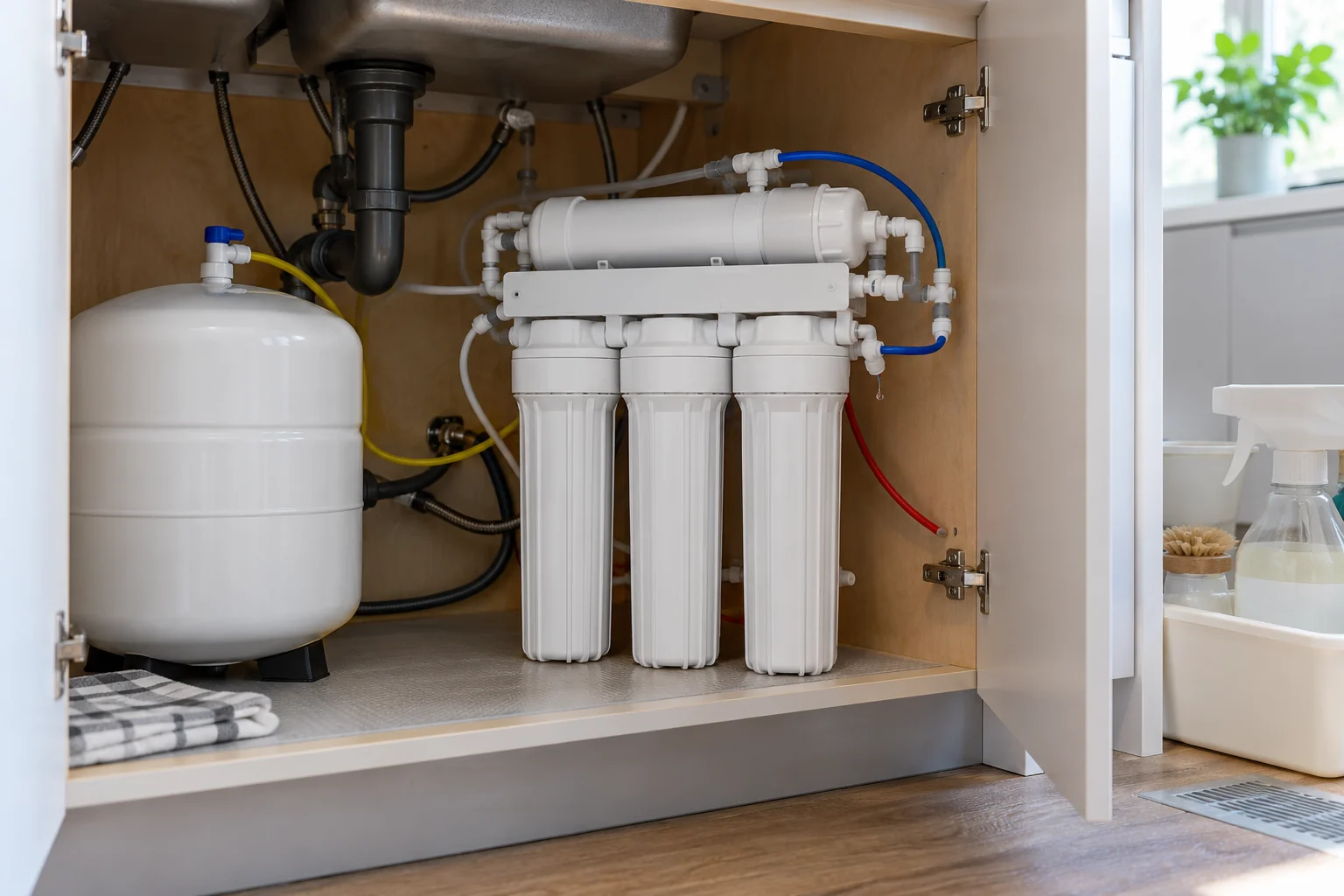 Illustrative Calgary an under-sink reverse-osmosis system with multiple filter housings and tubing