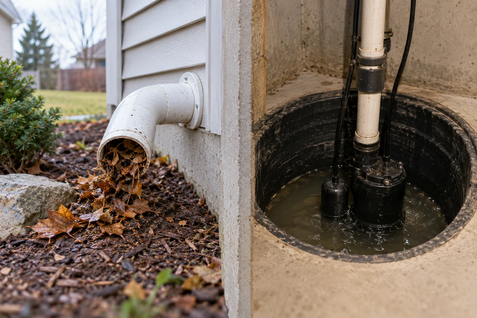Exterior sump discharge outlet blocked by leaves beside an indoor sump pit