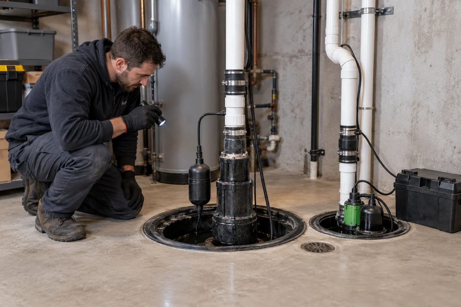 Maintenance worker inspects separate primary and backup sump pump pits