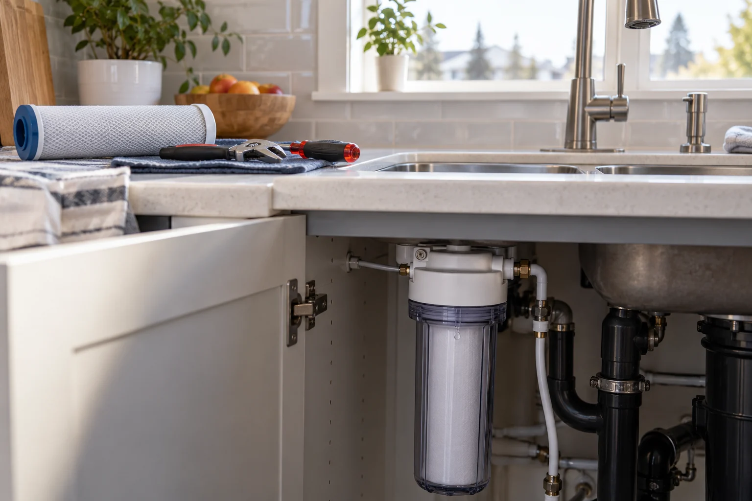 Illustrative Calgary a water-filter housing under a calgary kitchen sink just after a cartridge change