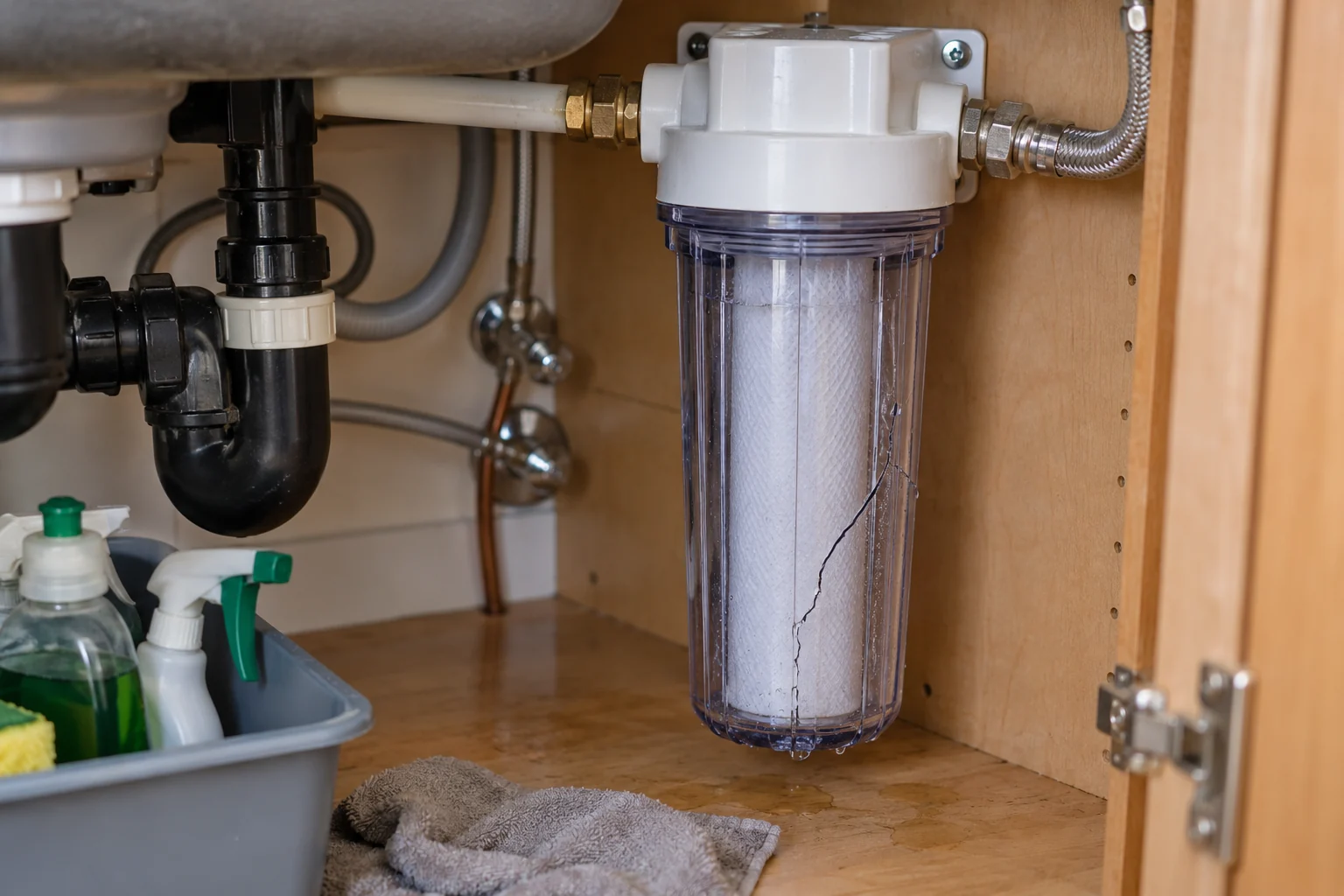 Illustrative Calgary close-up of a cracked clear water-filter housing mounted in an under-sink cabinet
