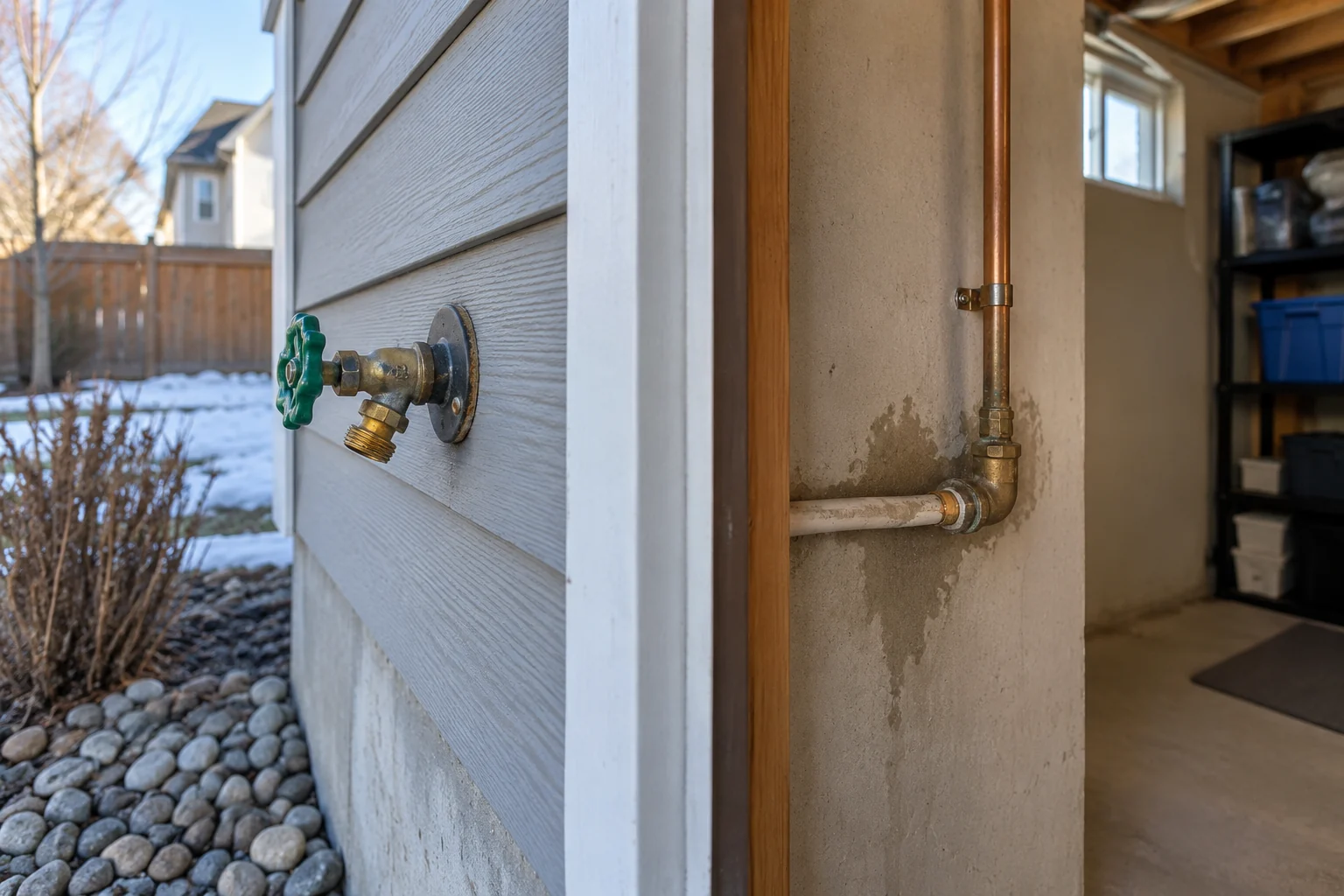 Illustrative Calgary an exterior hose bib on a calgary home wall and a small damp patch visible on the interior basement side near the supply line