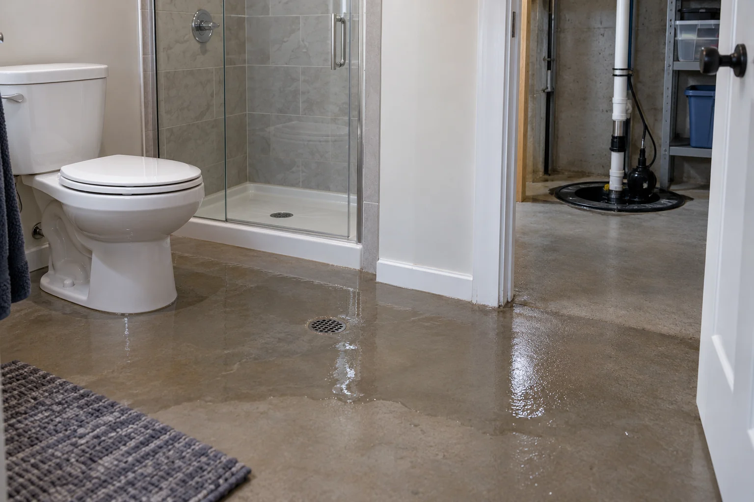 Basement washroom with shallow standing water near floor drain and sealed ejector basin