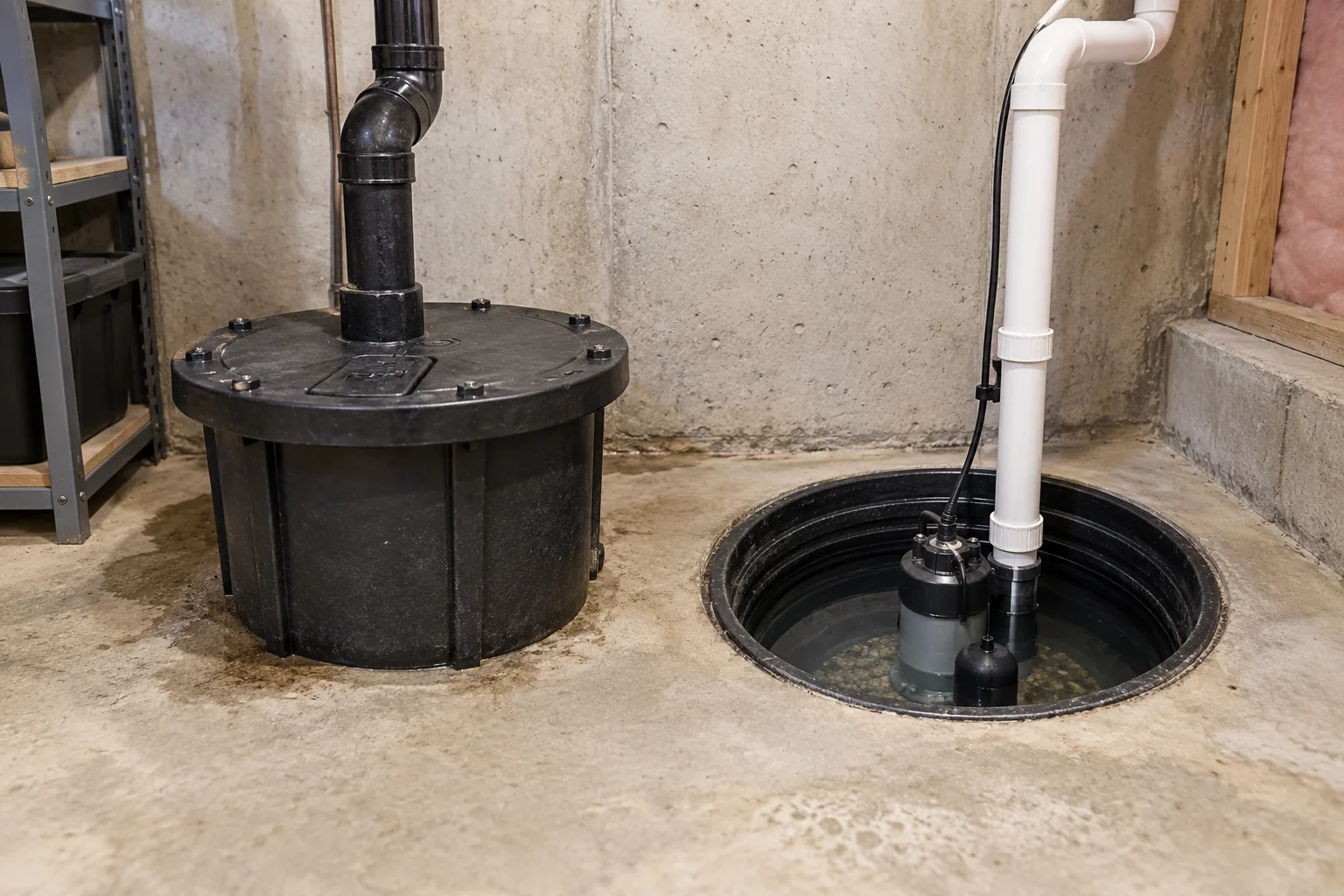 Comparison of a closed sewage ejector basin and an open clean-water sump pit