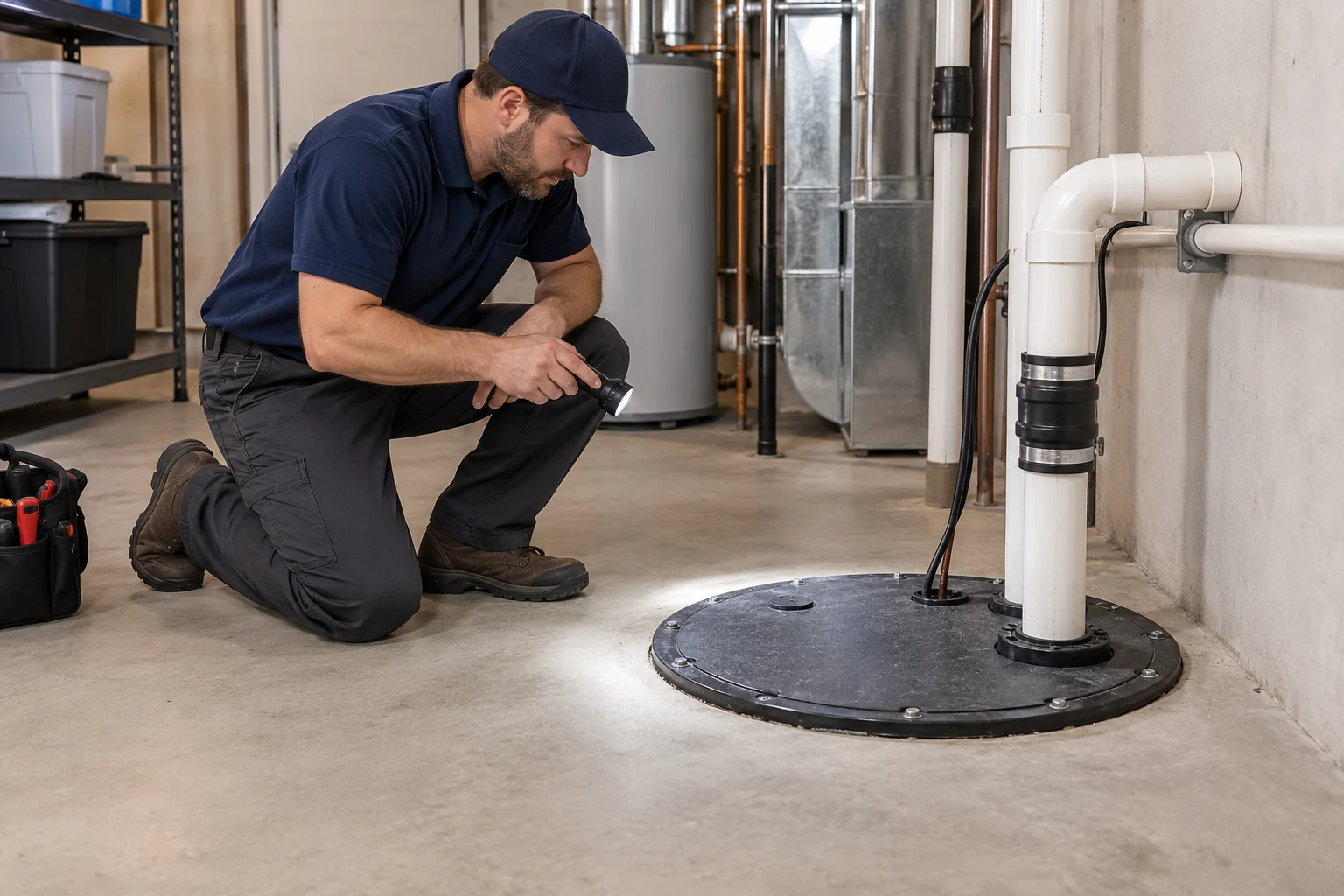 Technician examines sealed sewage ejector basin with flashlight in clear workspace