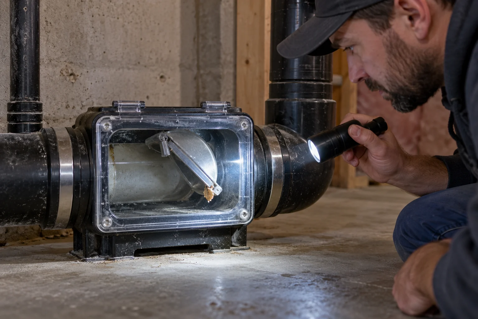 Close view of a partly open backwater valve flap inspected with flashlight
