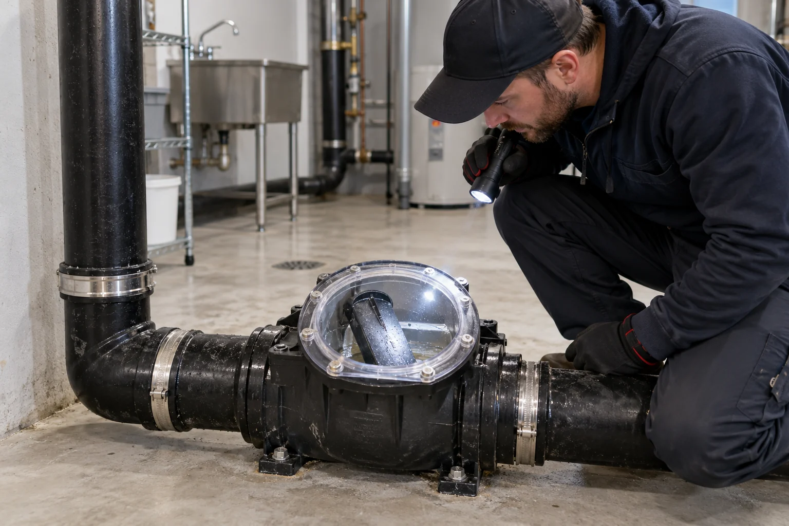 Technician checks a backwater valve flap with flashlight through access cover