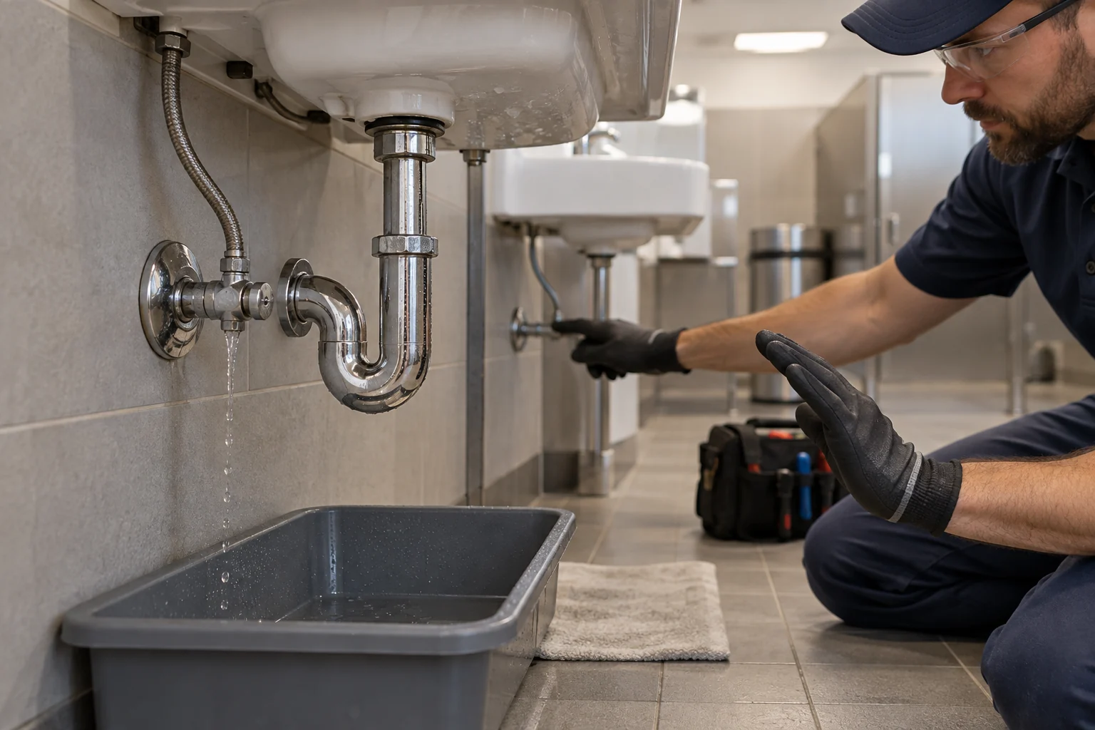 Leaking fixture shutoff under commercial washbasin with tray and nearby upstream valve
