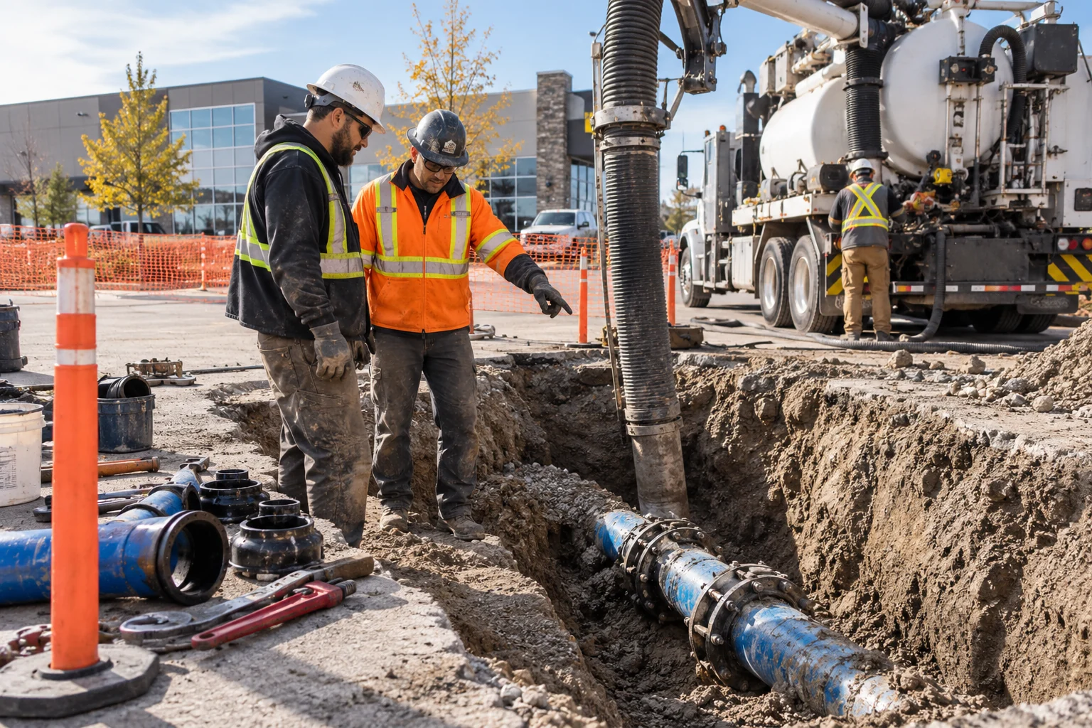 Illustrative Calgary a plumber and hydrovac crew lead discussing a newly exposed buried water line at a barricaded commercial excavation site