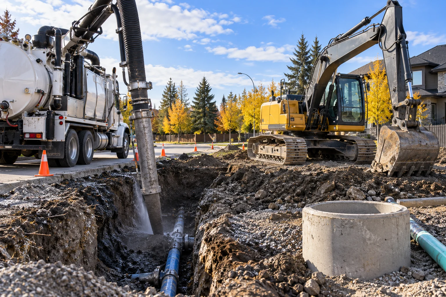 Illustrative Calgary a split-view commercial excavation site showing careful hydrovac hose work on one side and a parked mechanical excavator on the other