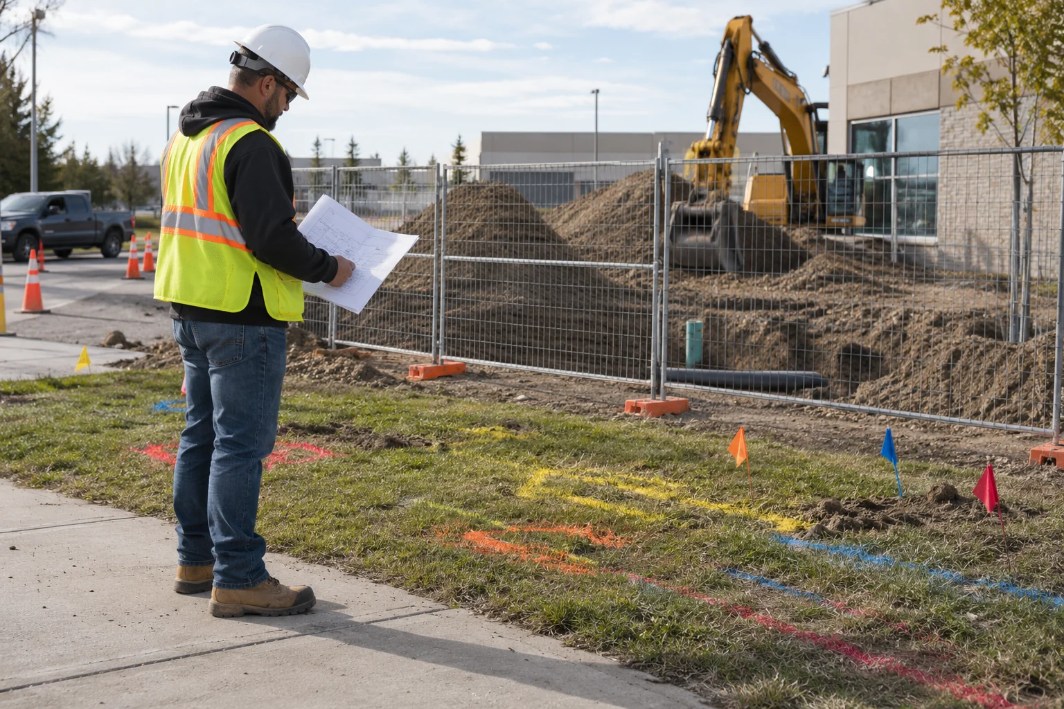 Illustrative Calgary a site supervisor reviewing marked underground utility paint and a printed locate plan beside a fenced commercial excavation area