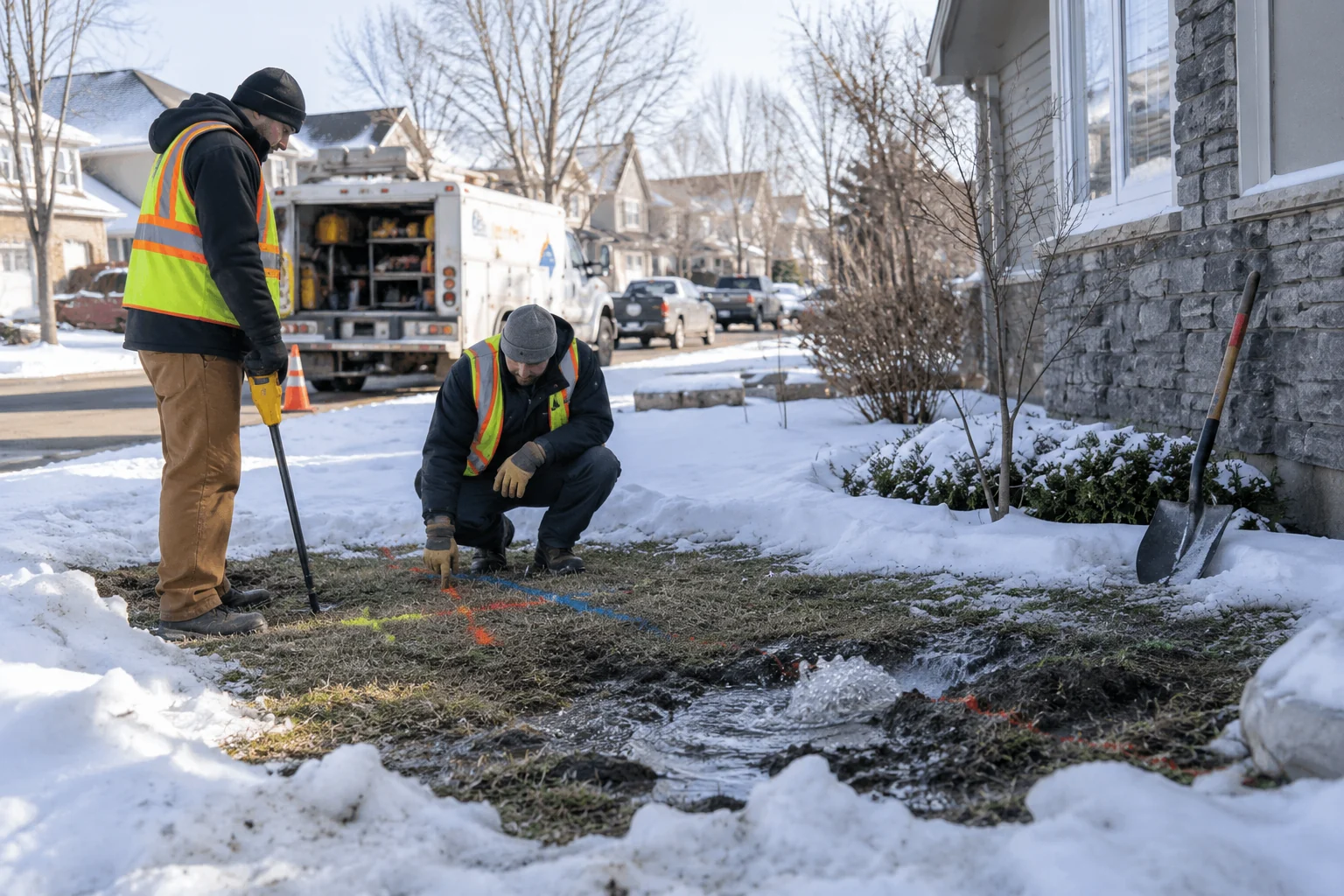 Illustrative Calgary a leaking buried water service marked on a snow-edged calgary property