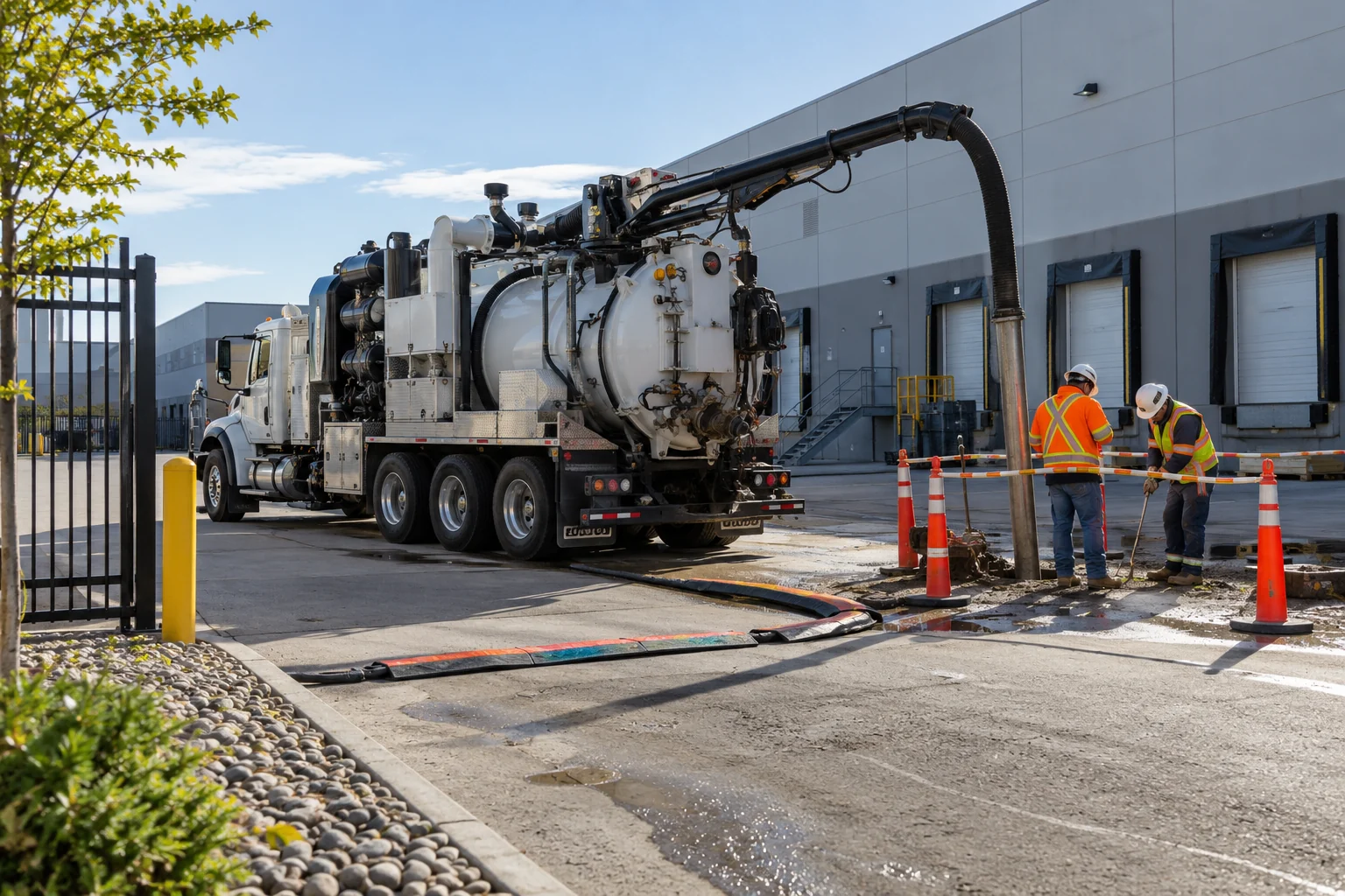 Illustrative Calgary a commercial loading yard where a hydrovac truck has clear gate access