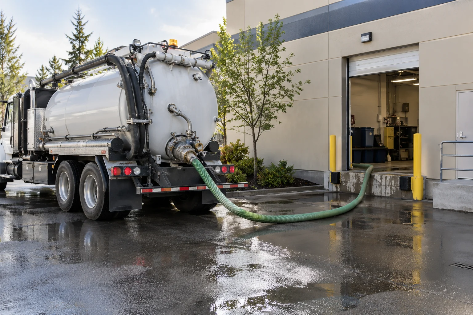 Illustrative Calgary a vacuum truck parked at a commercial building after a contained basement water incident