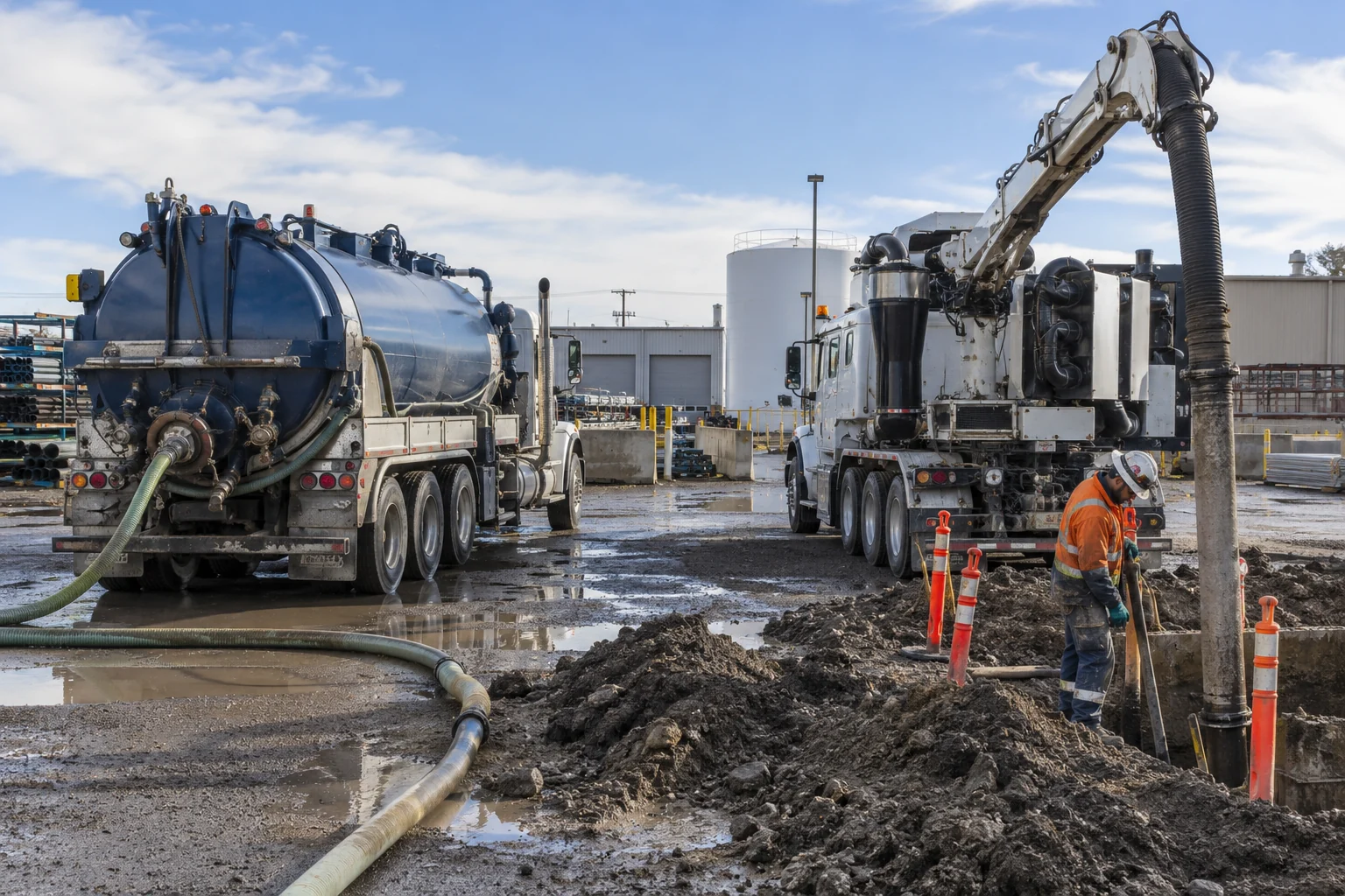 Illustrative Calgary two different parked vacuum and hydrovac trucks at a calgary industrial yard