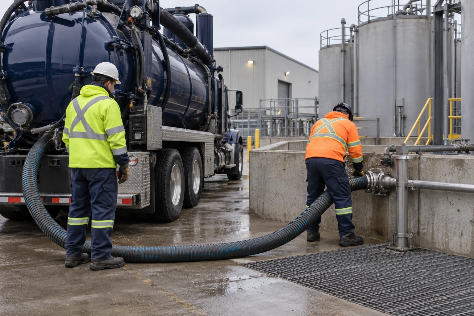 Vacuum truck crew connecting a hose at an industrial wastewater receiving facility