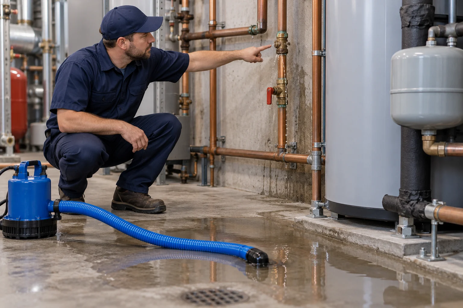 Plumber identifies a leaking water connection while a portable pump removes shallow water nearby