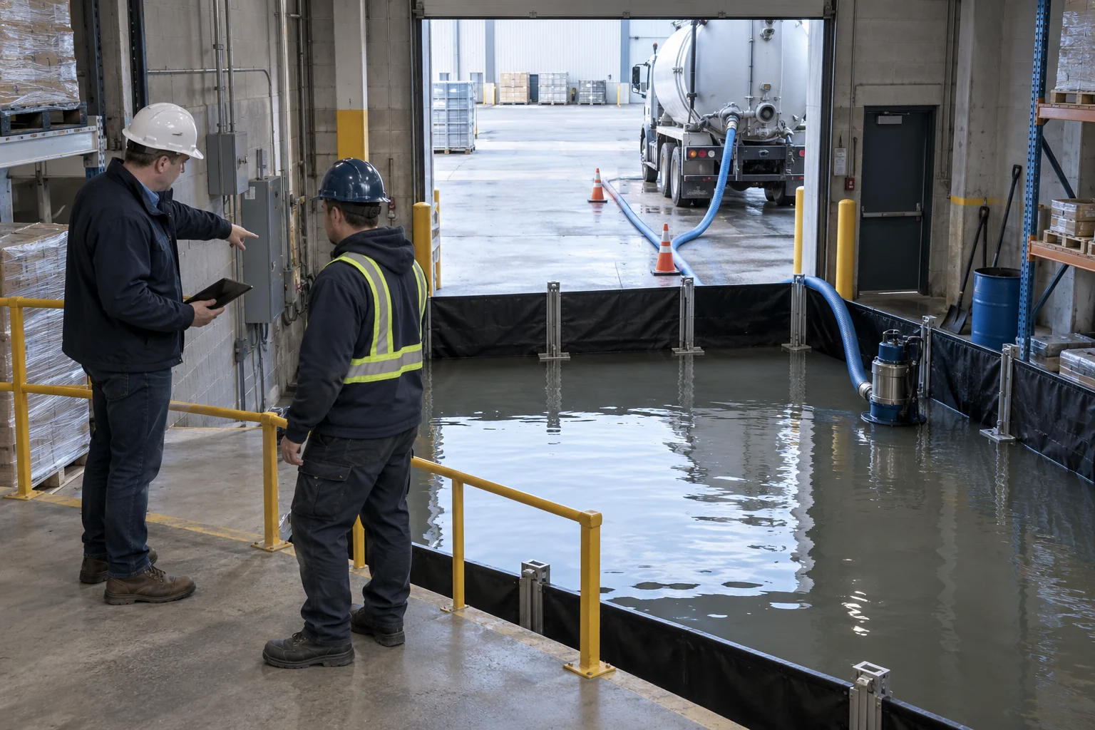 Site manager and pump crew discuss a safe water-removal boundary in a commercial loading bay