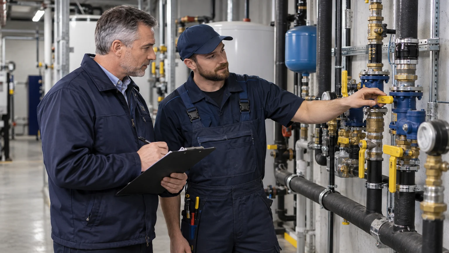 Commercial plumber and facility manager inspect repaired piping and valves in a dry mechanical room