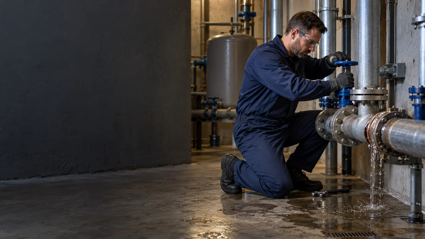 Generated illustration of water leaking from a commercial mechanical pipe connection