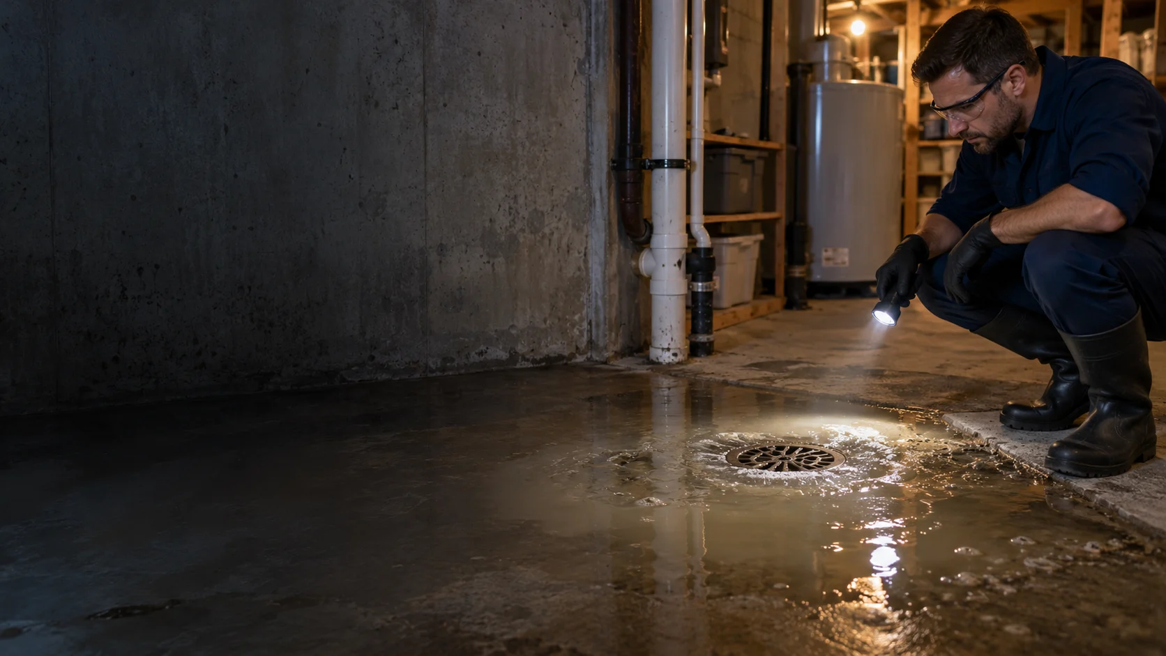 Water around a backed-up basement drain in Calgary