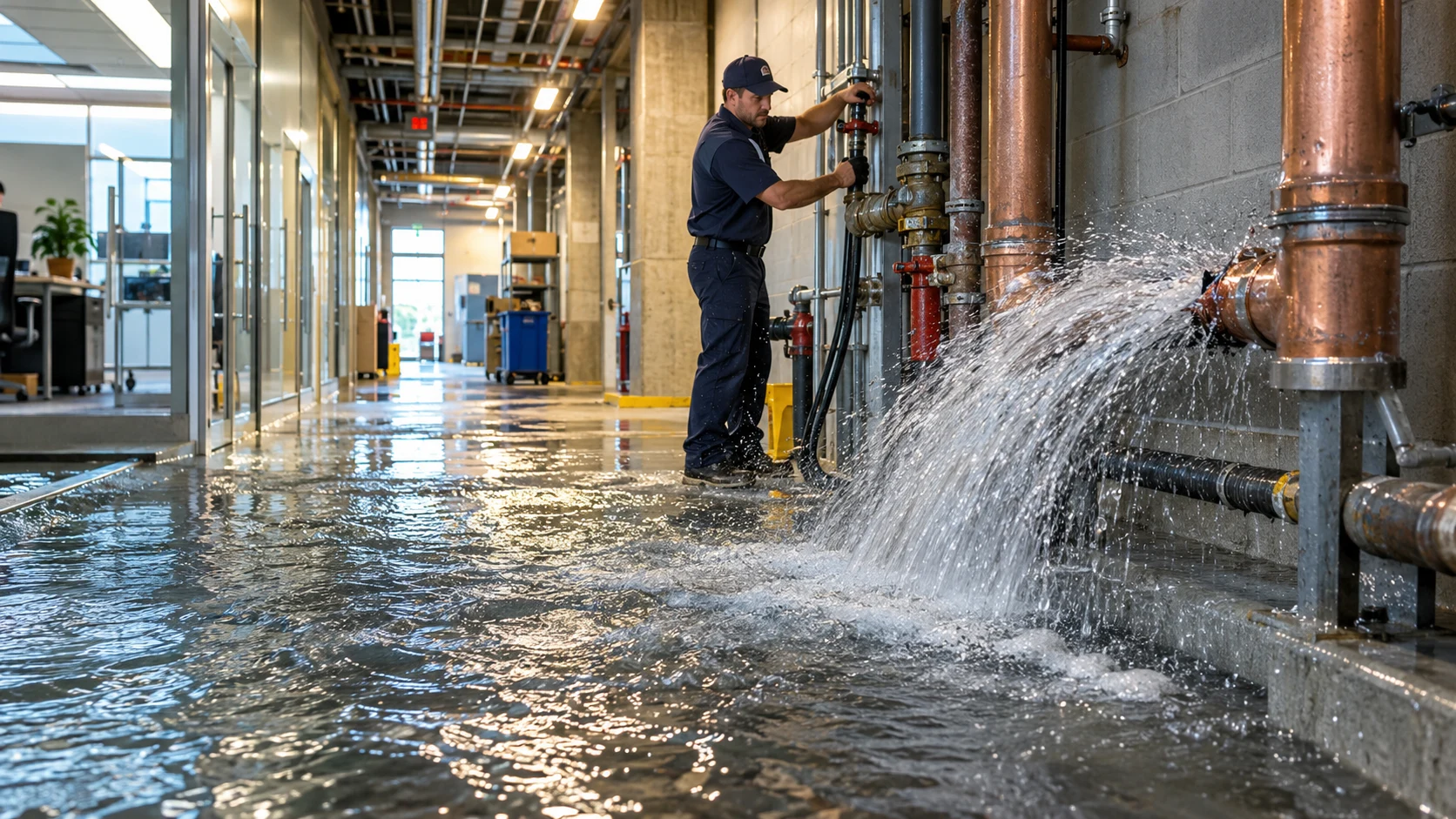 Commercial pipe rupture with water spreading through a Calgary business property