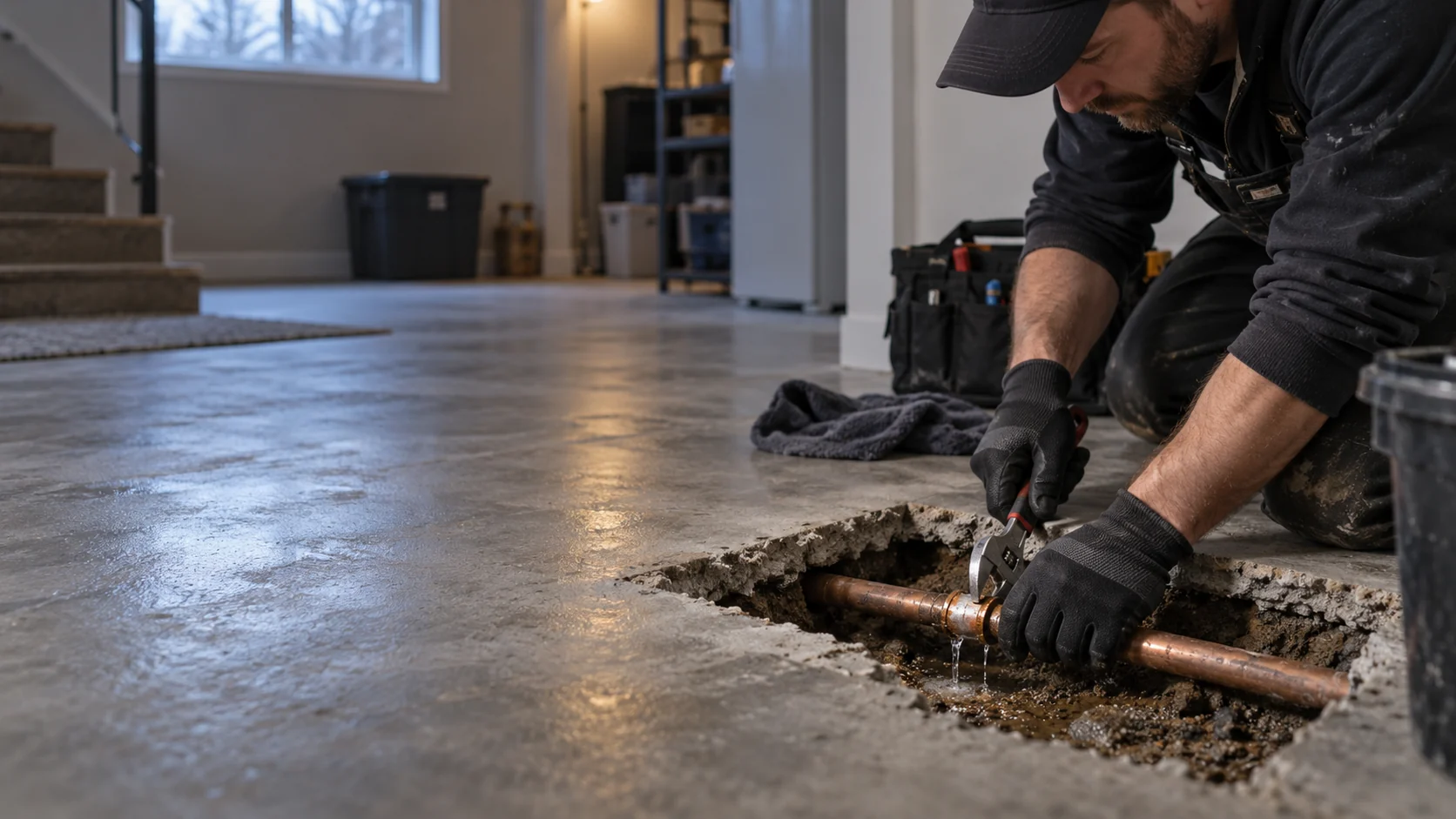 A leaking pipe exposed beneath a concrete slab for Calgary slab leak repair