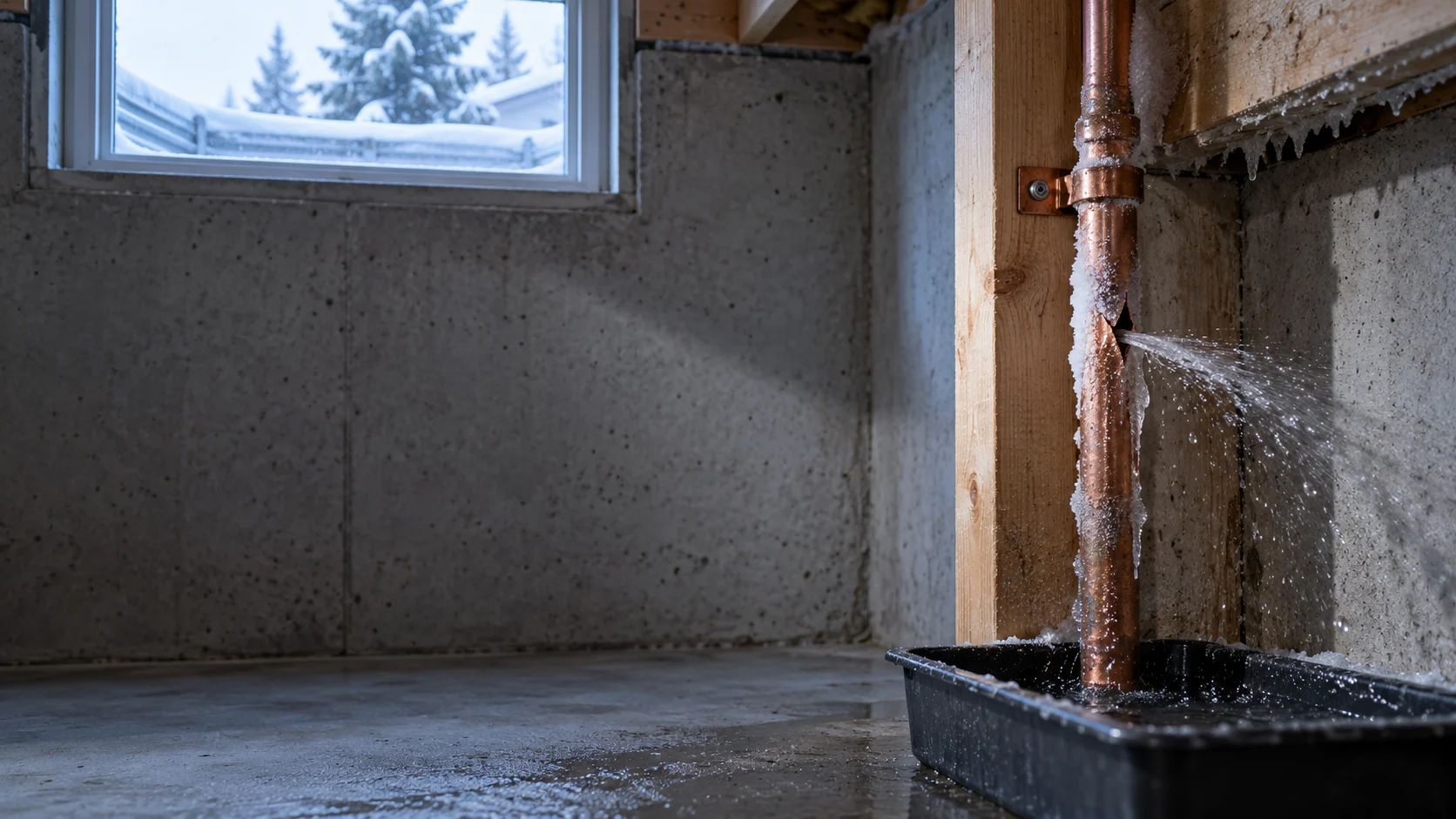 A frost-covered split pipe for Calgary frozen pipe repair